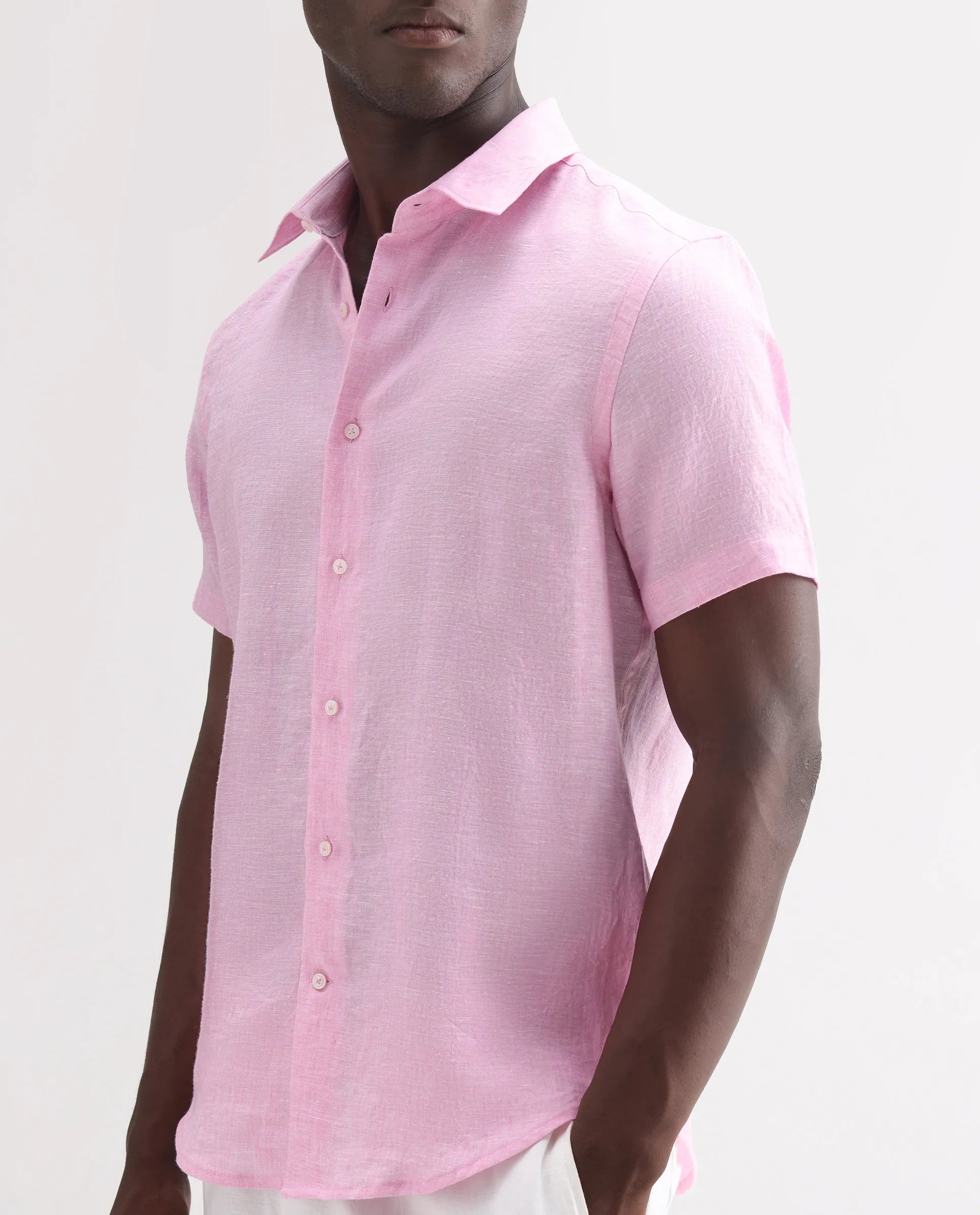 Rare Rabbit Men's Poist Pink 100% Linen Plain Regular Fit Half Sleeve Collared Shirt