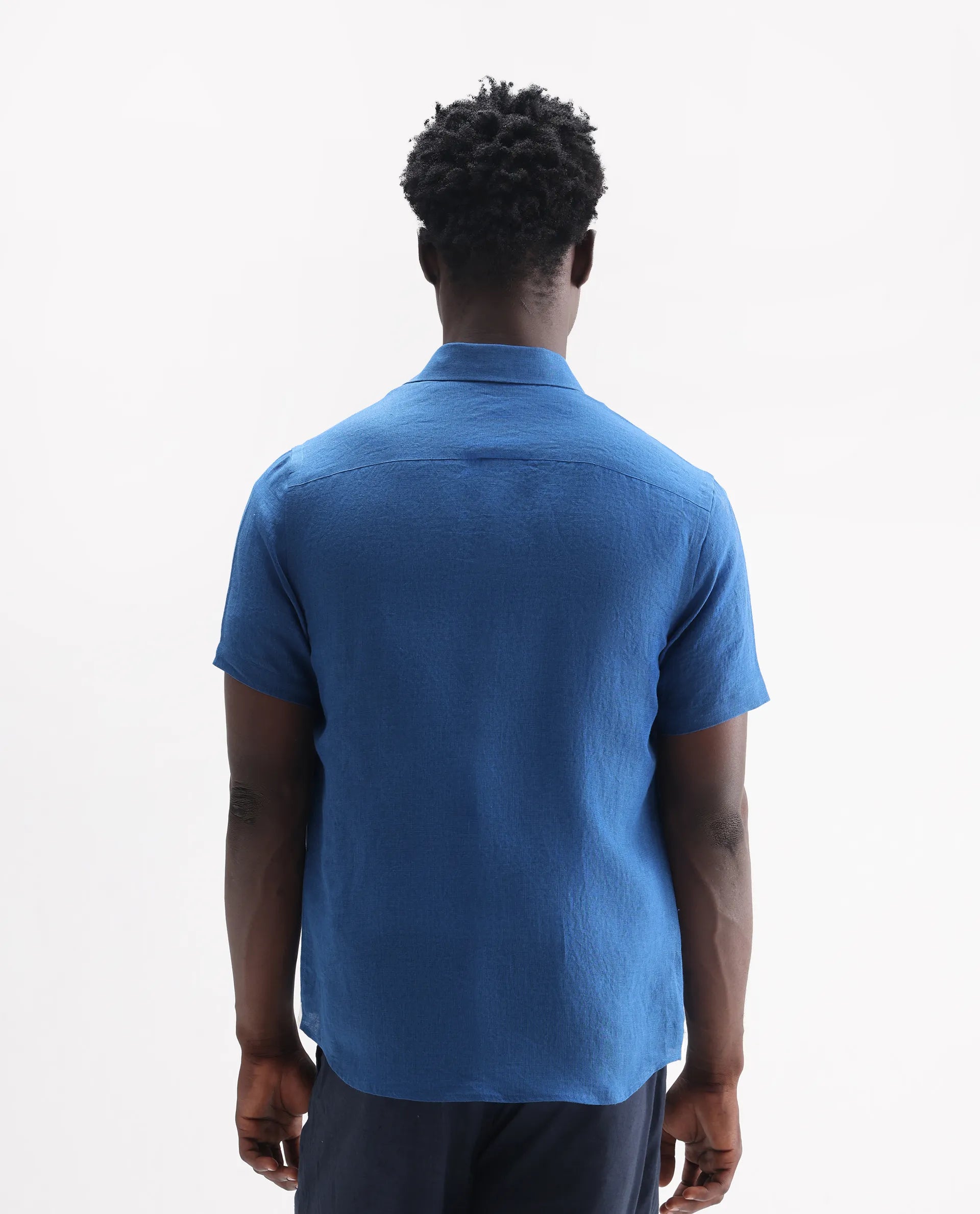 Rare Rabbit Men's Poist Blue 100% Linen Plain Regular Fit Half Sleeve Collared Shirt