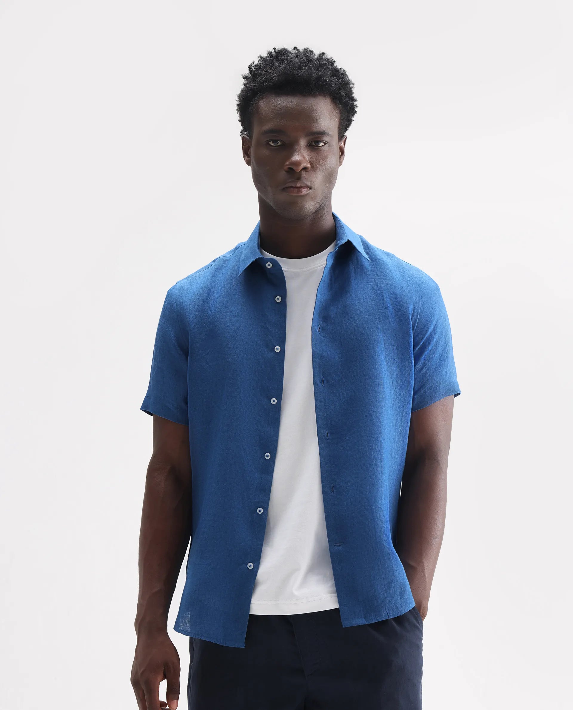 Rare Rabbit Men's Poist Blue 100% Linen Plain Regular Fit Half Sleeve Collared Shirt