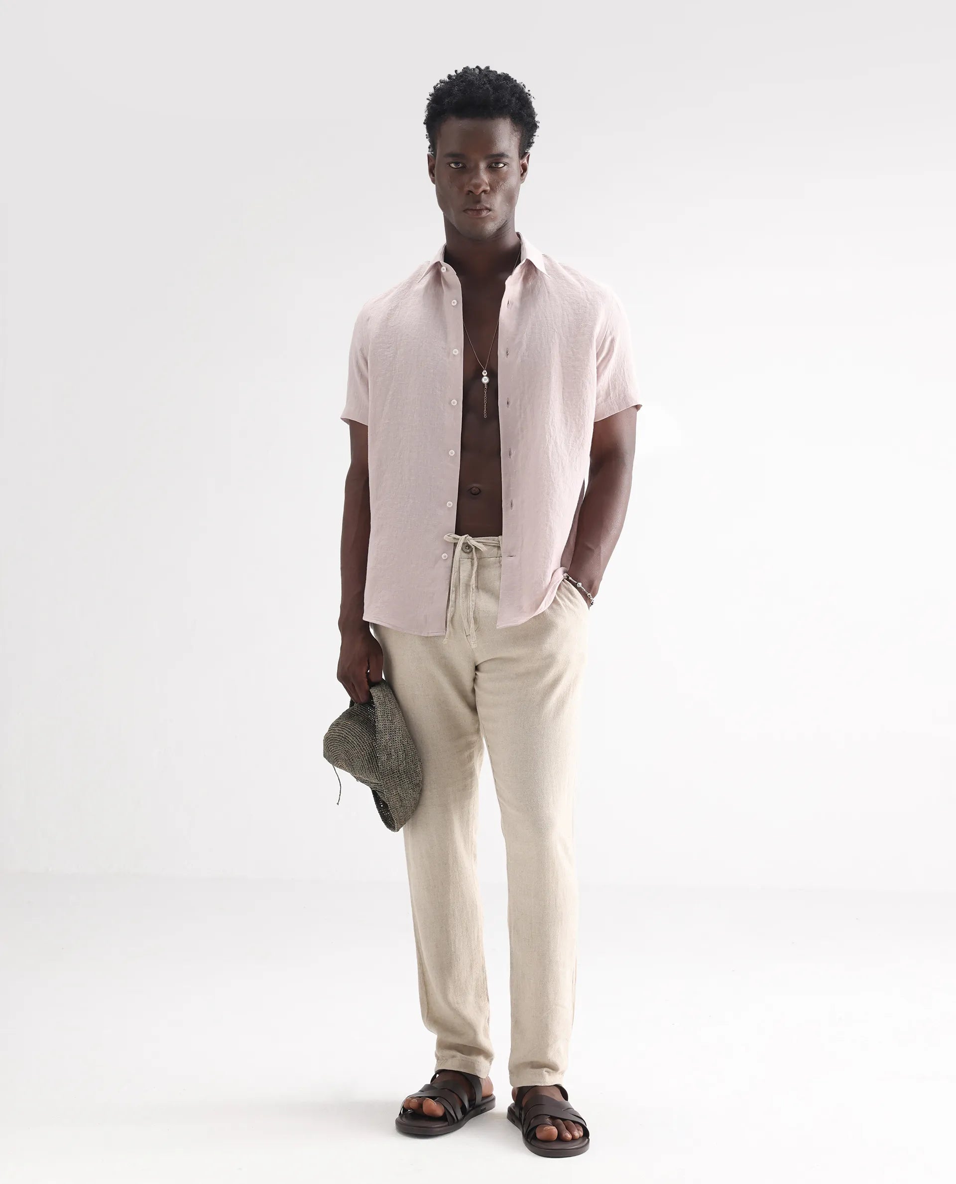 Rare Rabbit Men's Poist Dusky Pink 100% Linen Plain Regular Fit Half Sleeve Collared Shirt