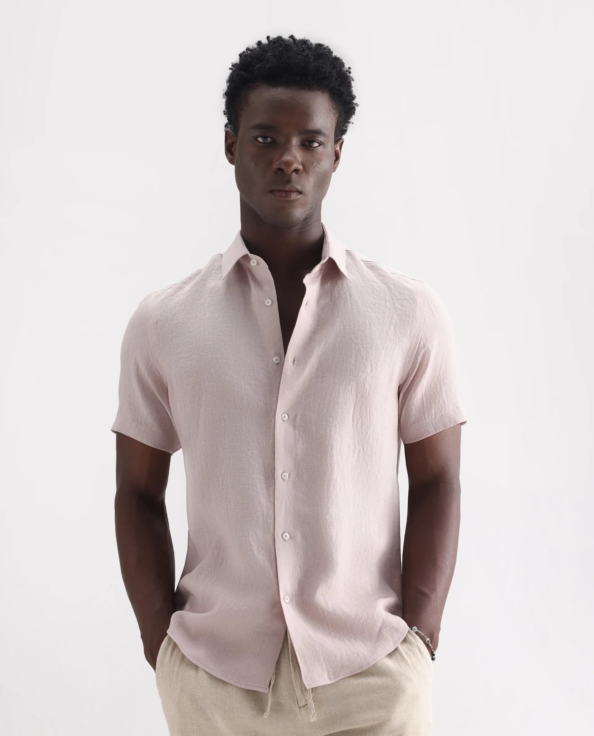 Rare Rabbit Men's Poist Dusky Pink 100% Linen Plain Regular Fit Half Sleeve Collared Shirt