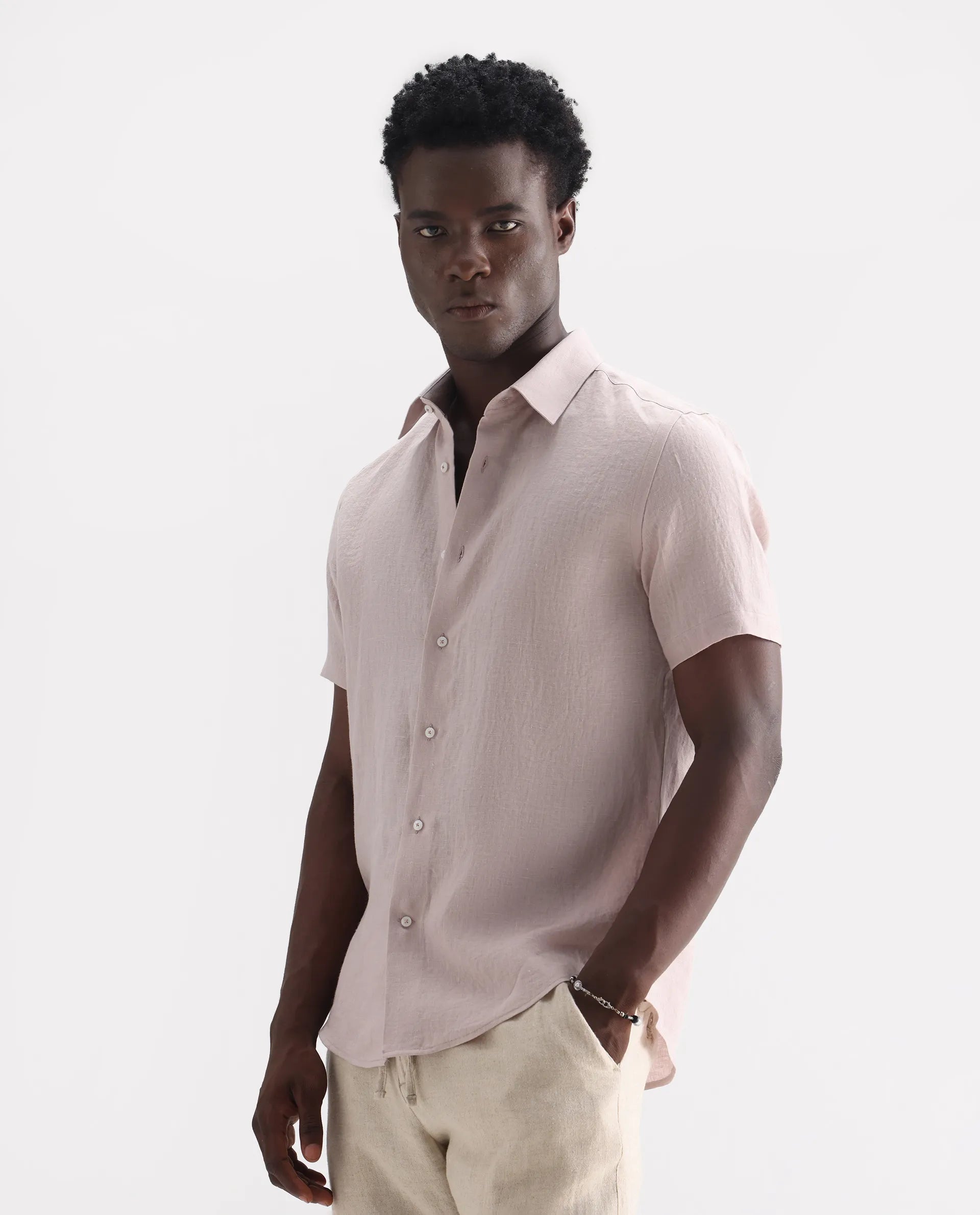 Rare Rabbit Men's Poist Dusky Pink 100% Linen Plain Regular Fit Half Sleeve Collared Shirt