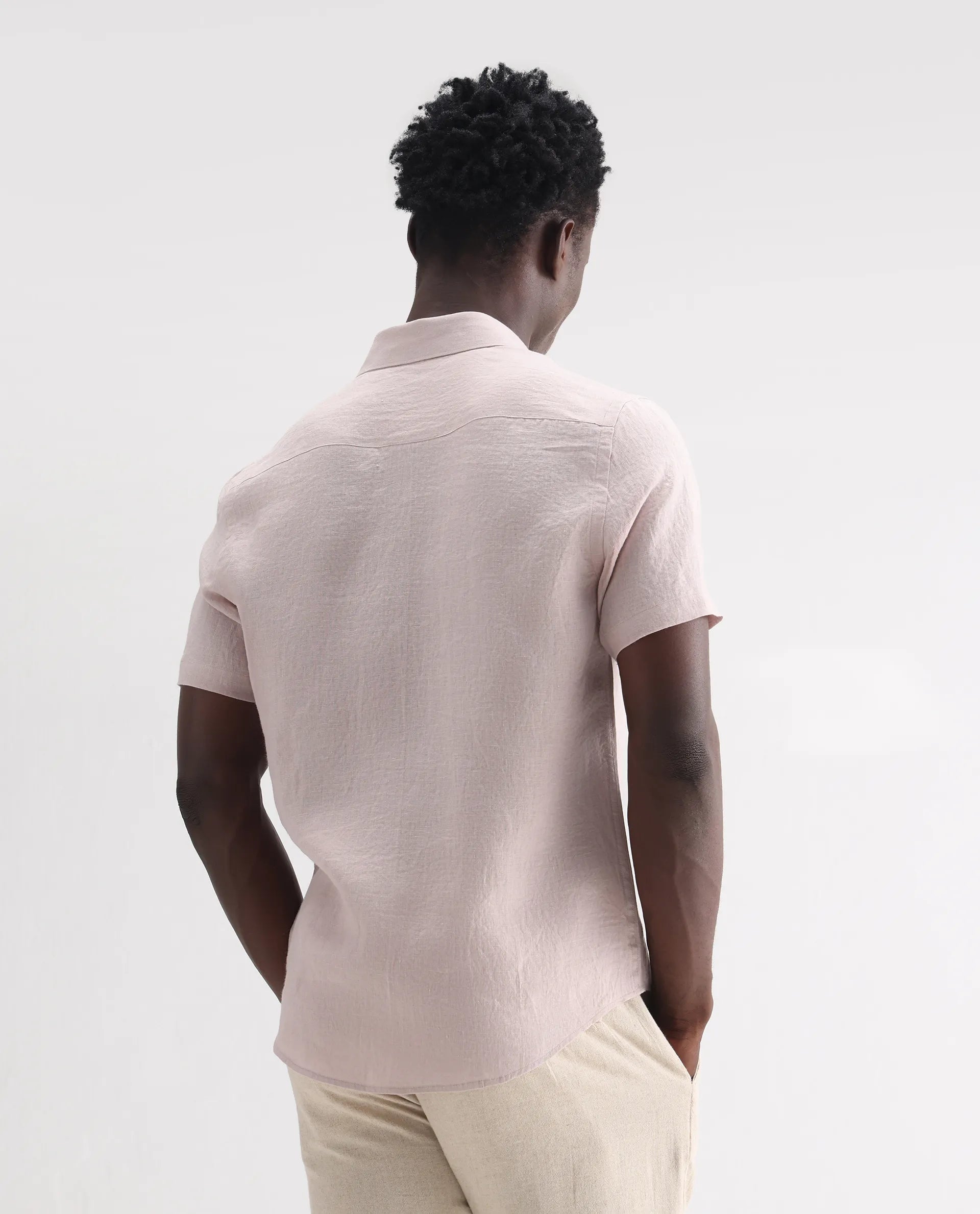 Rare Rabbit Men's Poist Dusky Pink 100% Linen Plain Regular Fit Half Sleeve Collared Shirt
