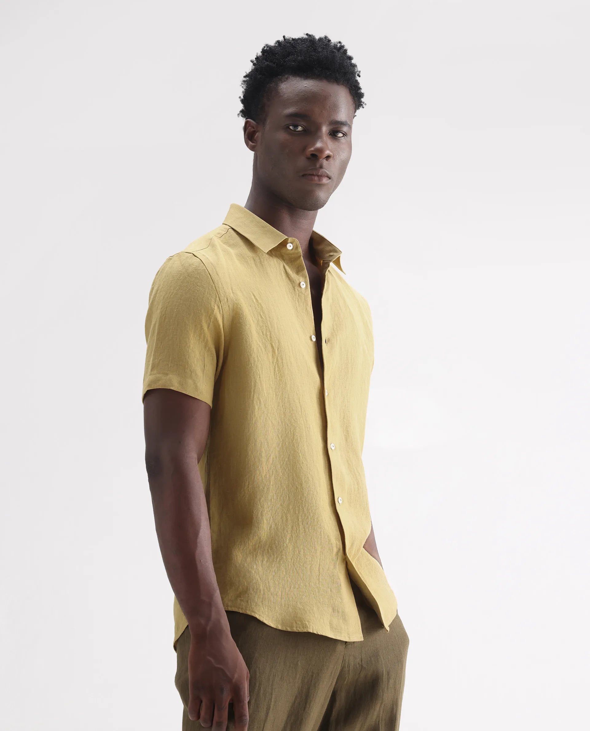 Rare Rabbit Men's Poist Dusky Mustard 100% Linen Plain Regular Fit Half Sleeve Collared Shirt