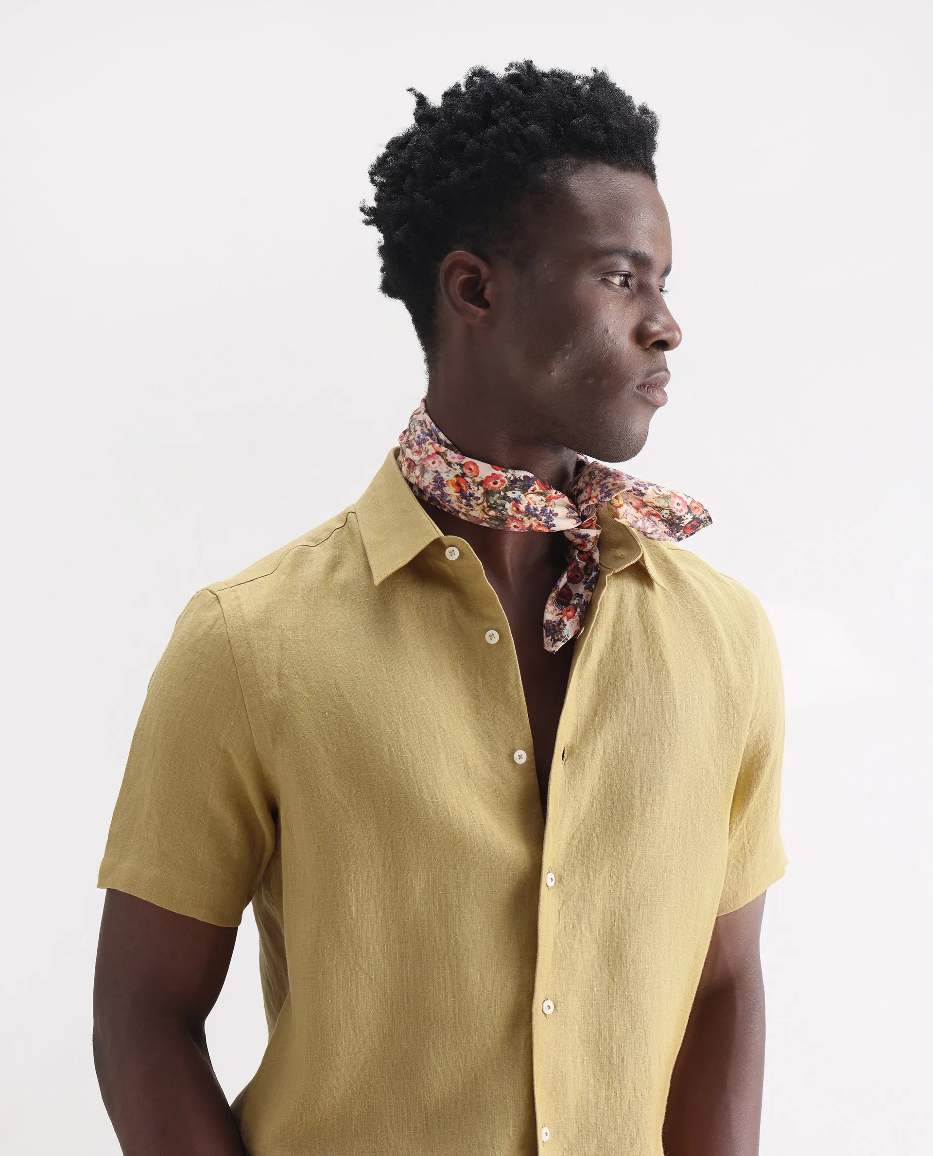 Rare Rabbit Men's Poist Dusky Mustard 100% Linen Plain Regular Fit Half Sleeve Collared Shirt