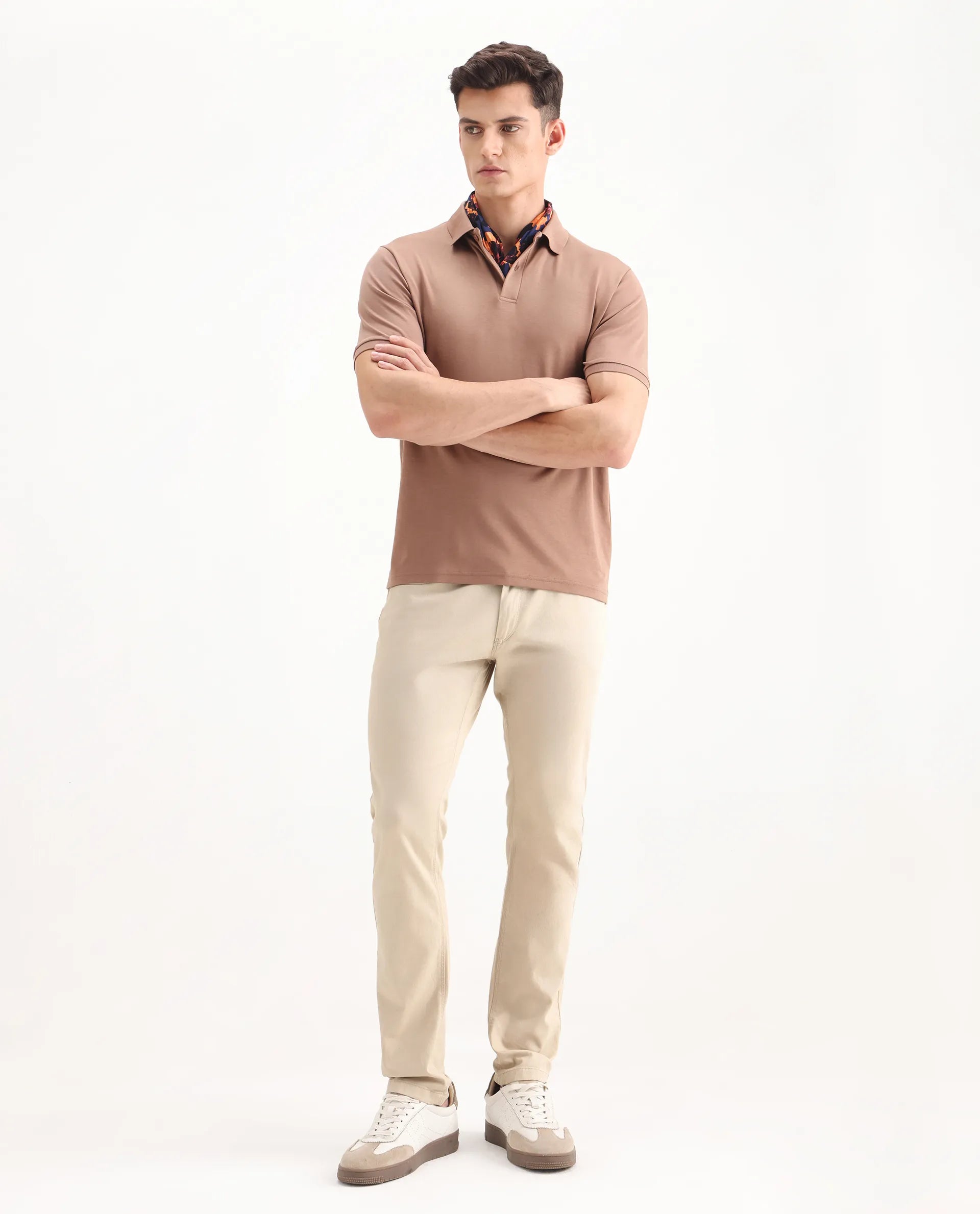 Rare Rabbit Men's Poke-2 Beige Cotton Plain Regular Fit Trouser