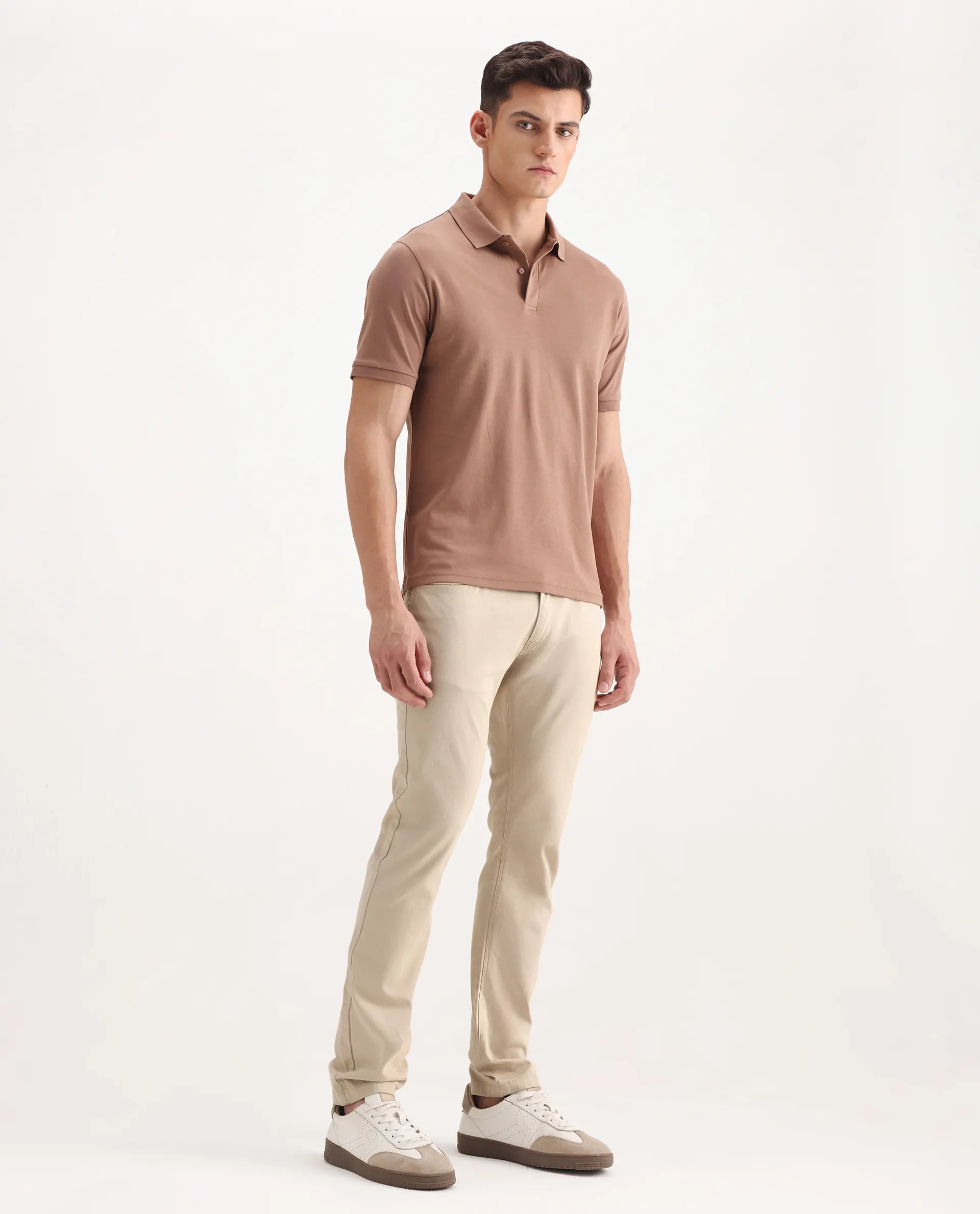Rare Rabbit Men's Poke-2 Beige Cotton Plain Regular Fit Trouser