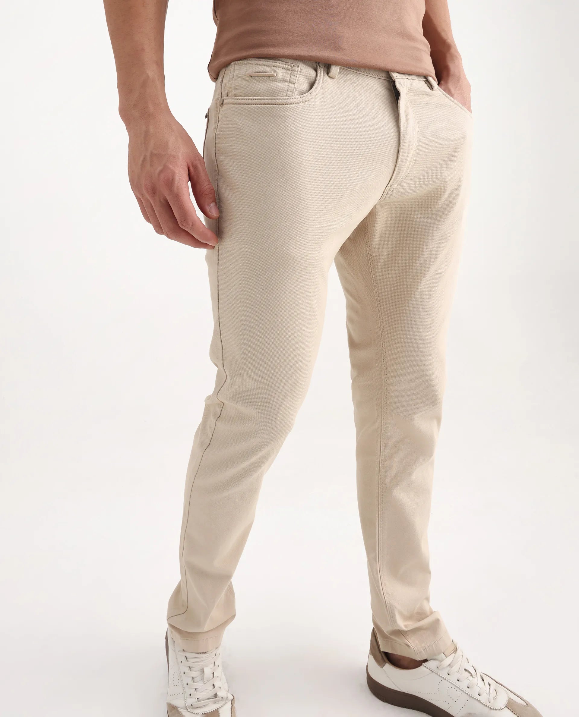 Rare Rabbit Men's Poke-2 Beige Cotton Plain Regular Fit Trouser