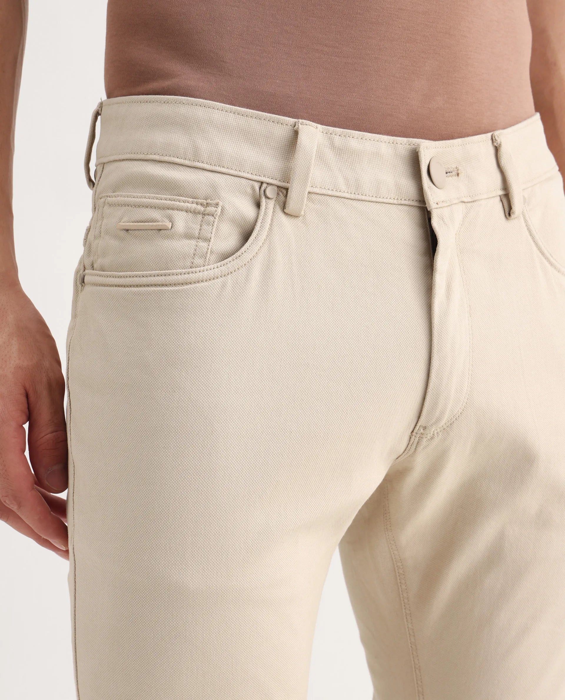 Rare Rabbit Men's Poke-2 Beige Cotton Plain Regular Fit Trouser