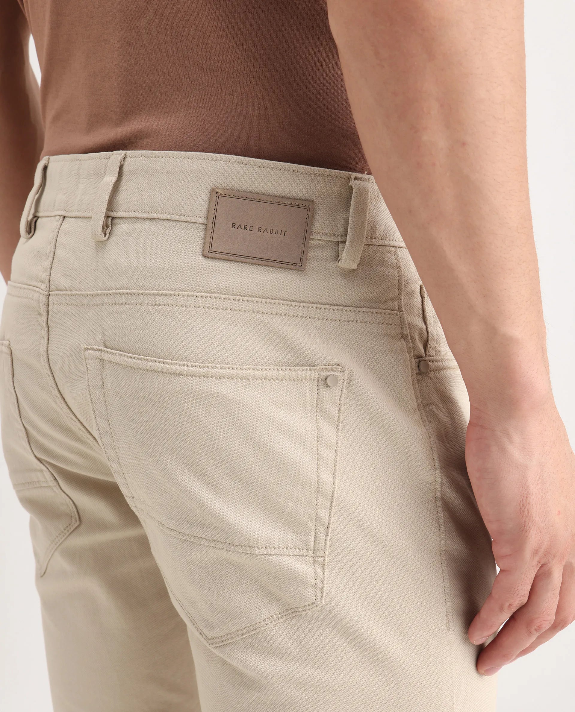 Rare Rabbit Men's Poke-2 Beige Cotton Plain Regular Fit Trouser