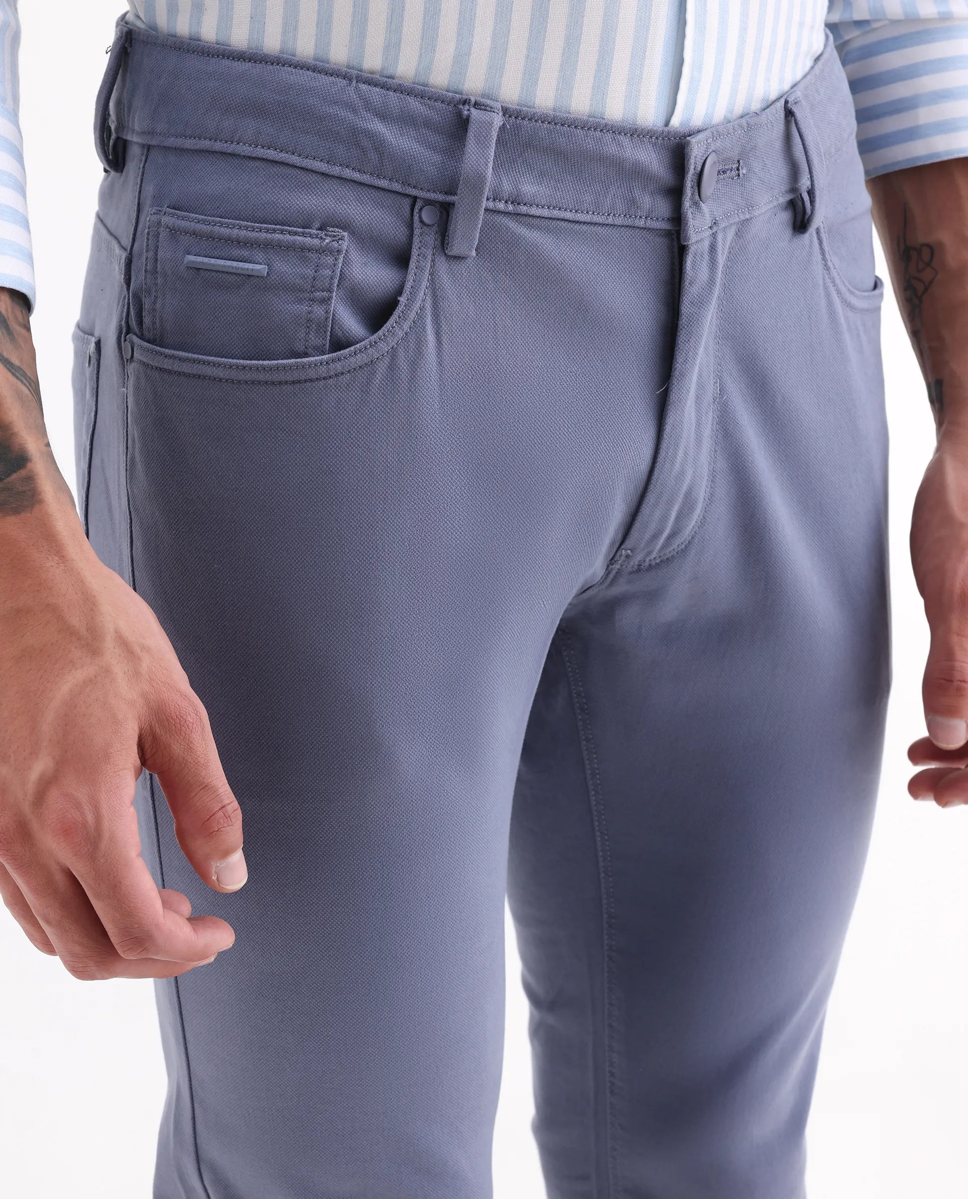 Rare Rabbit Men's Poke-2 Dusky Blue Cotton Plain Regular Fit Trouser