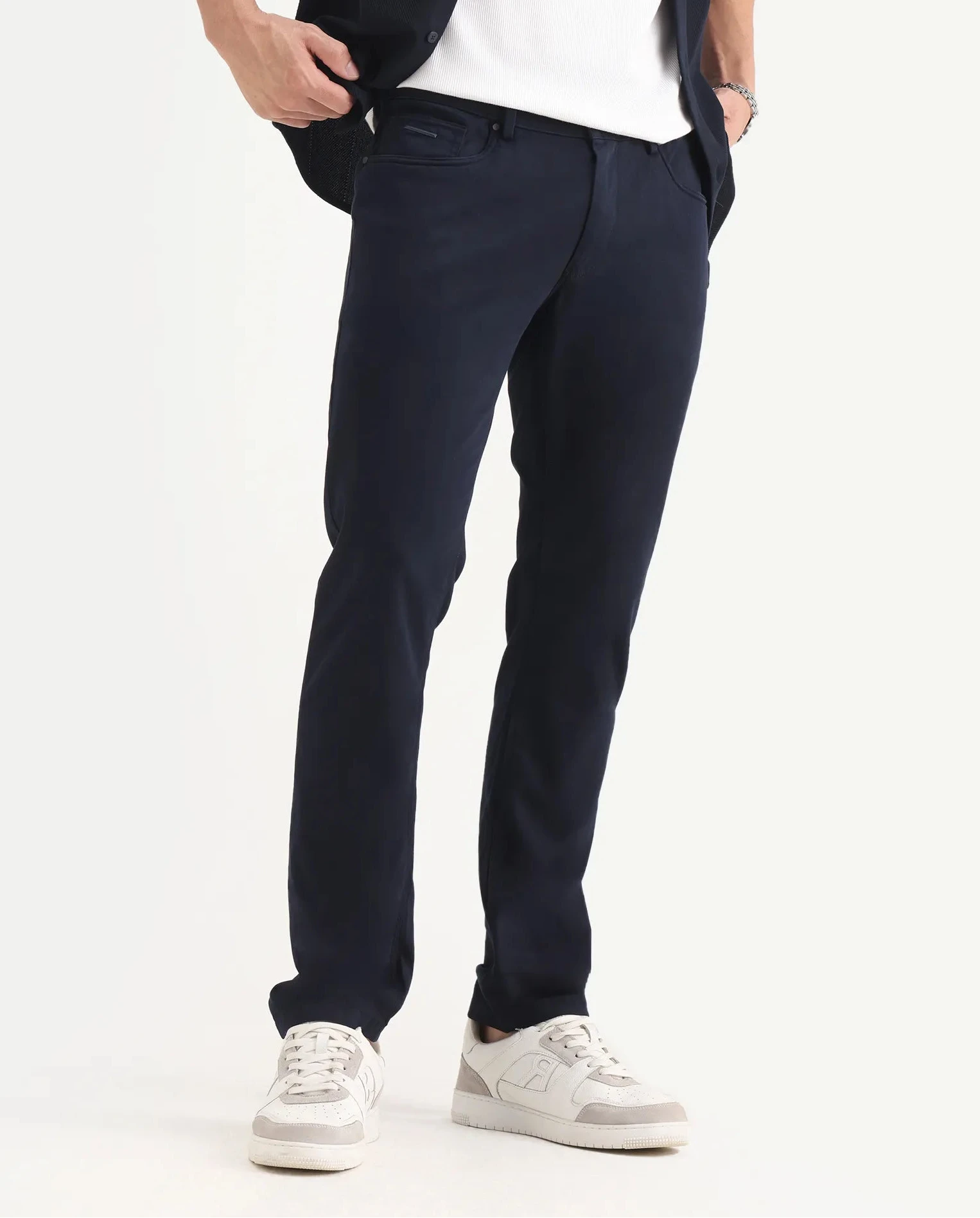 Rare Rabbit Men's Poke-2 Navy Cotton Plain Regular Fit Trouser