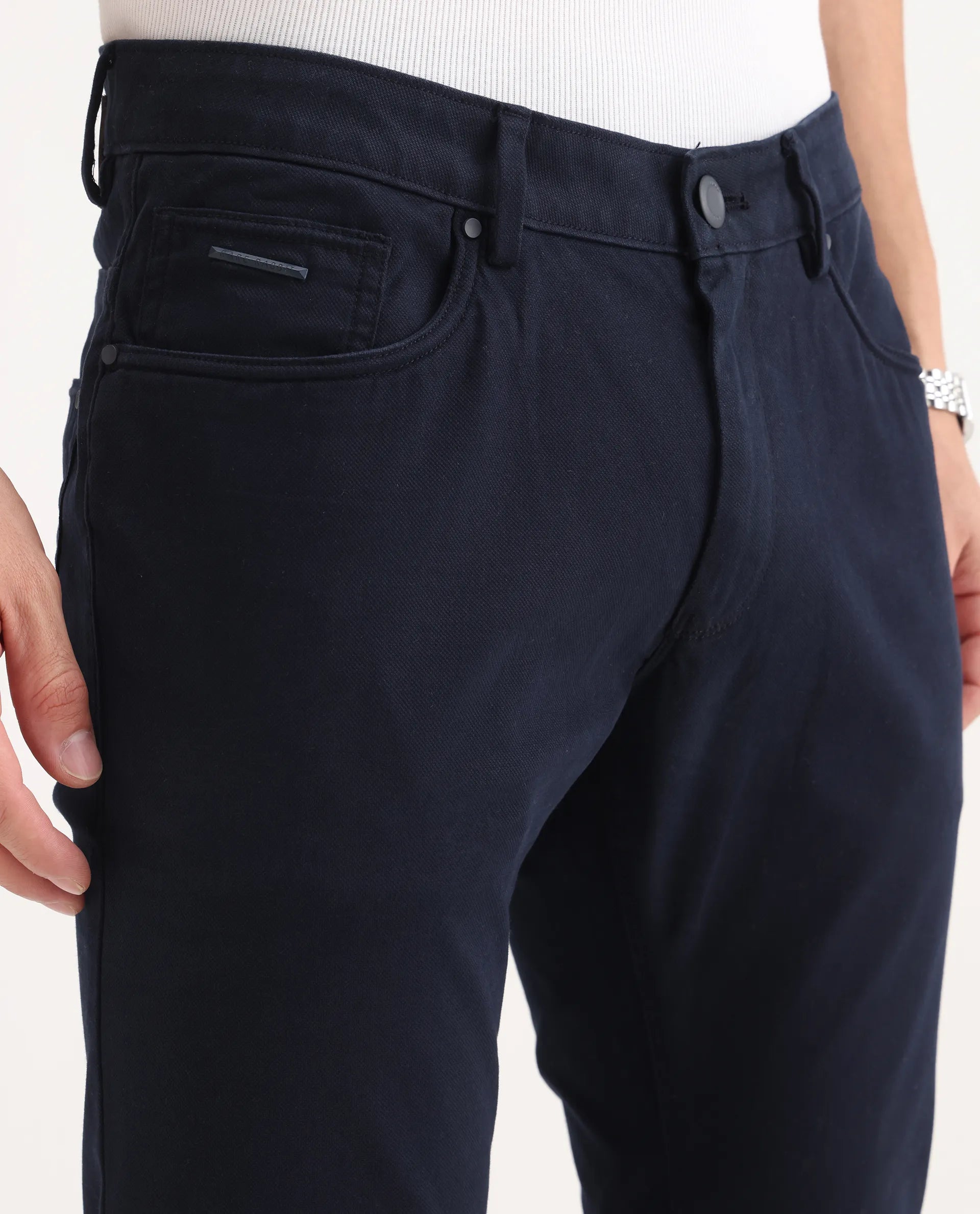 Rare Rabbit Men's Poke-2 Navy Cotton Plain Regular Fit Trouser