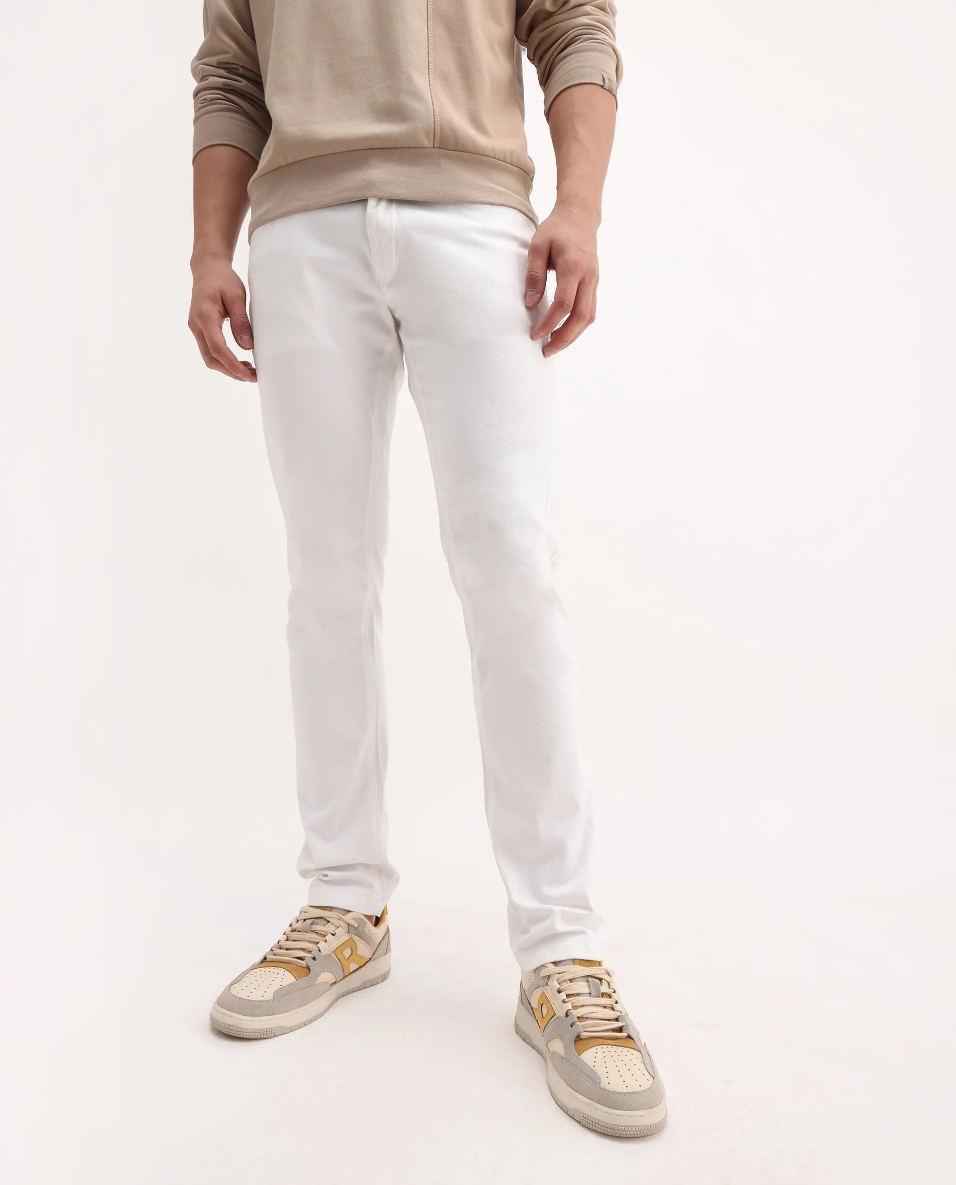 Rare Rabbit Men's Poke-2 White Cotton Plain Regular Fit Trouser