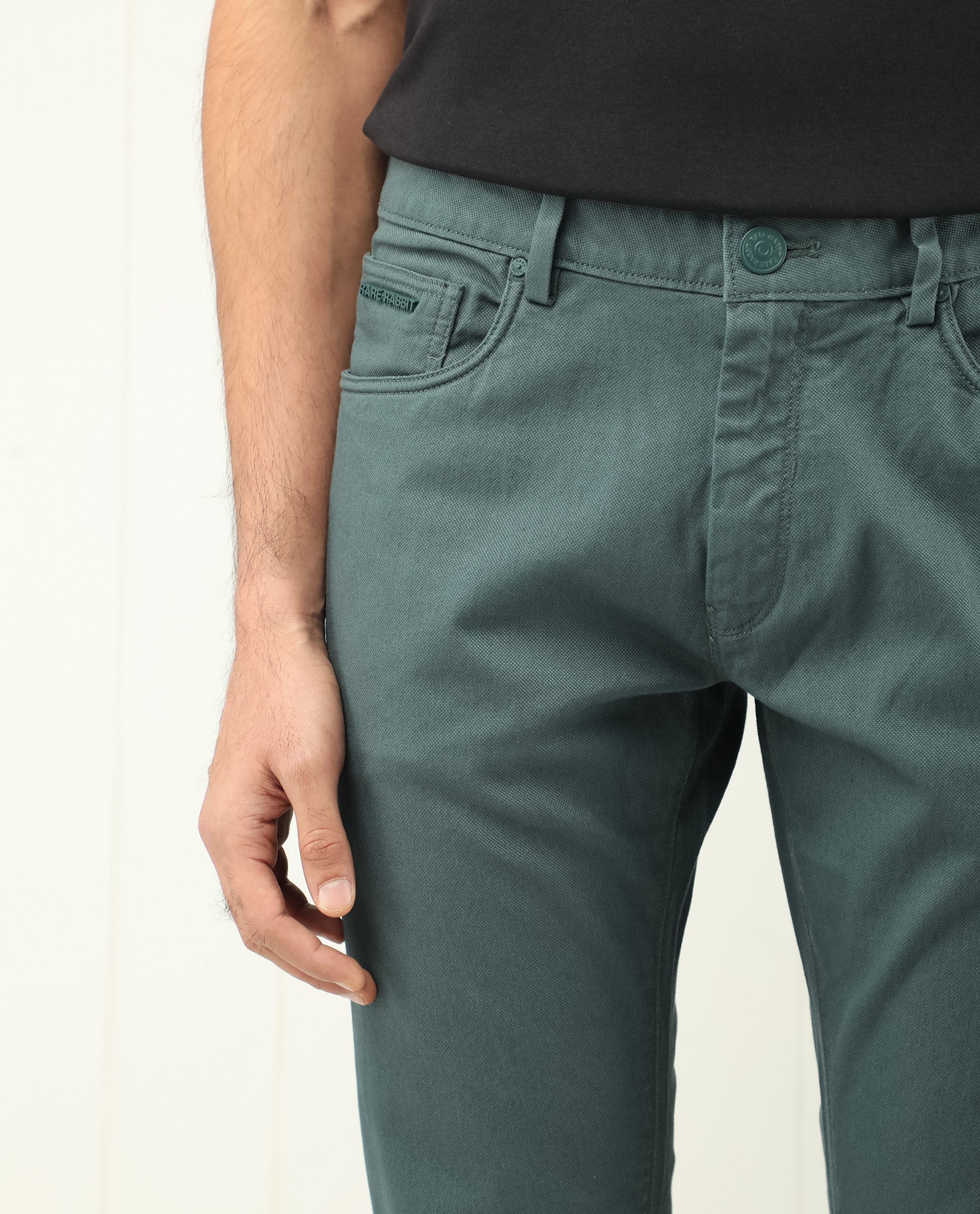 Rare Rabbit Men's Poke Dusky Green Solid Mid-Rise Regular Fit Trouser