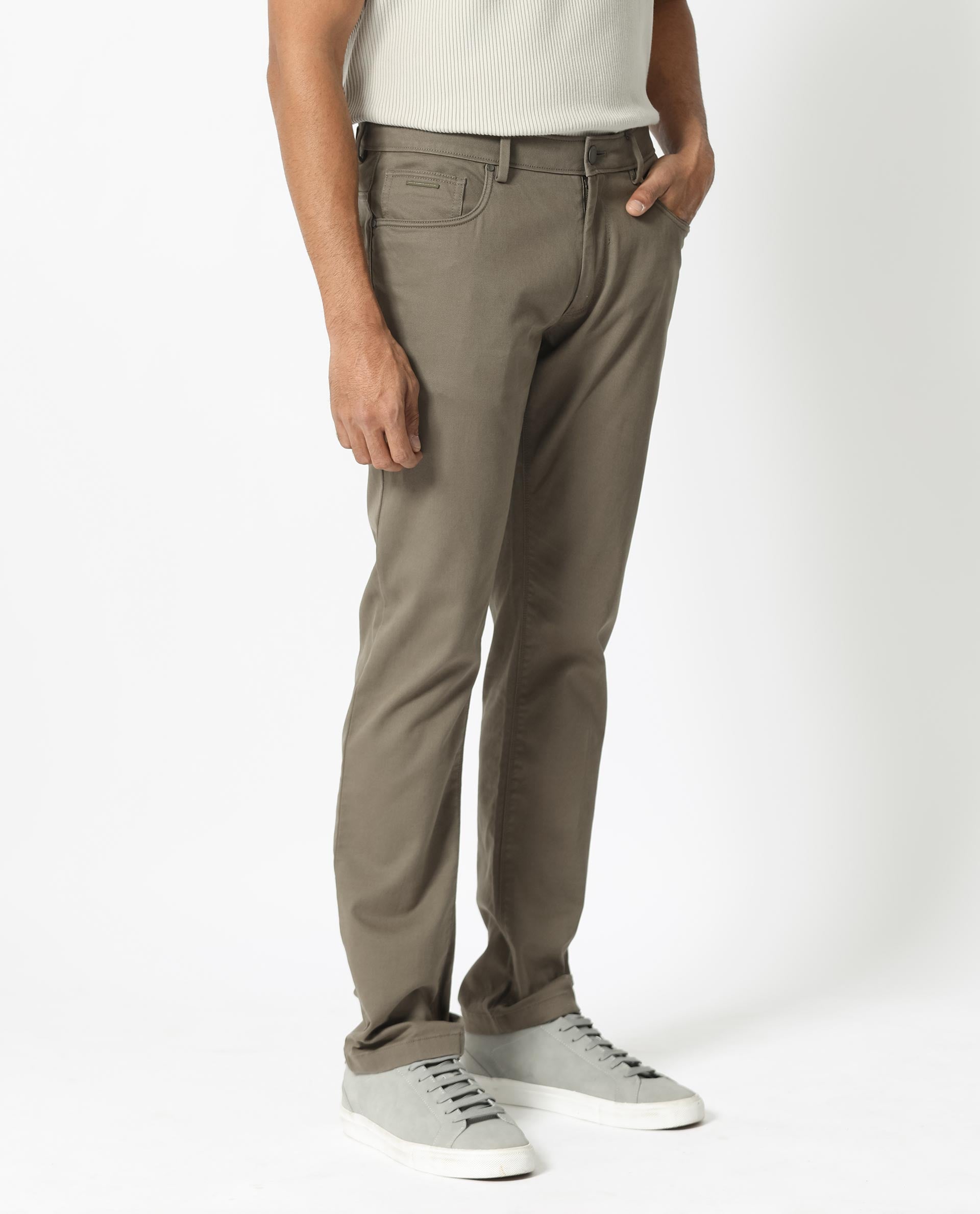 Rare Rabbit Men's Poke-2 Light Olive Solid Mid-Rise Regular Fit Trouser