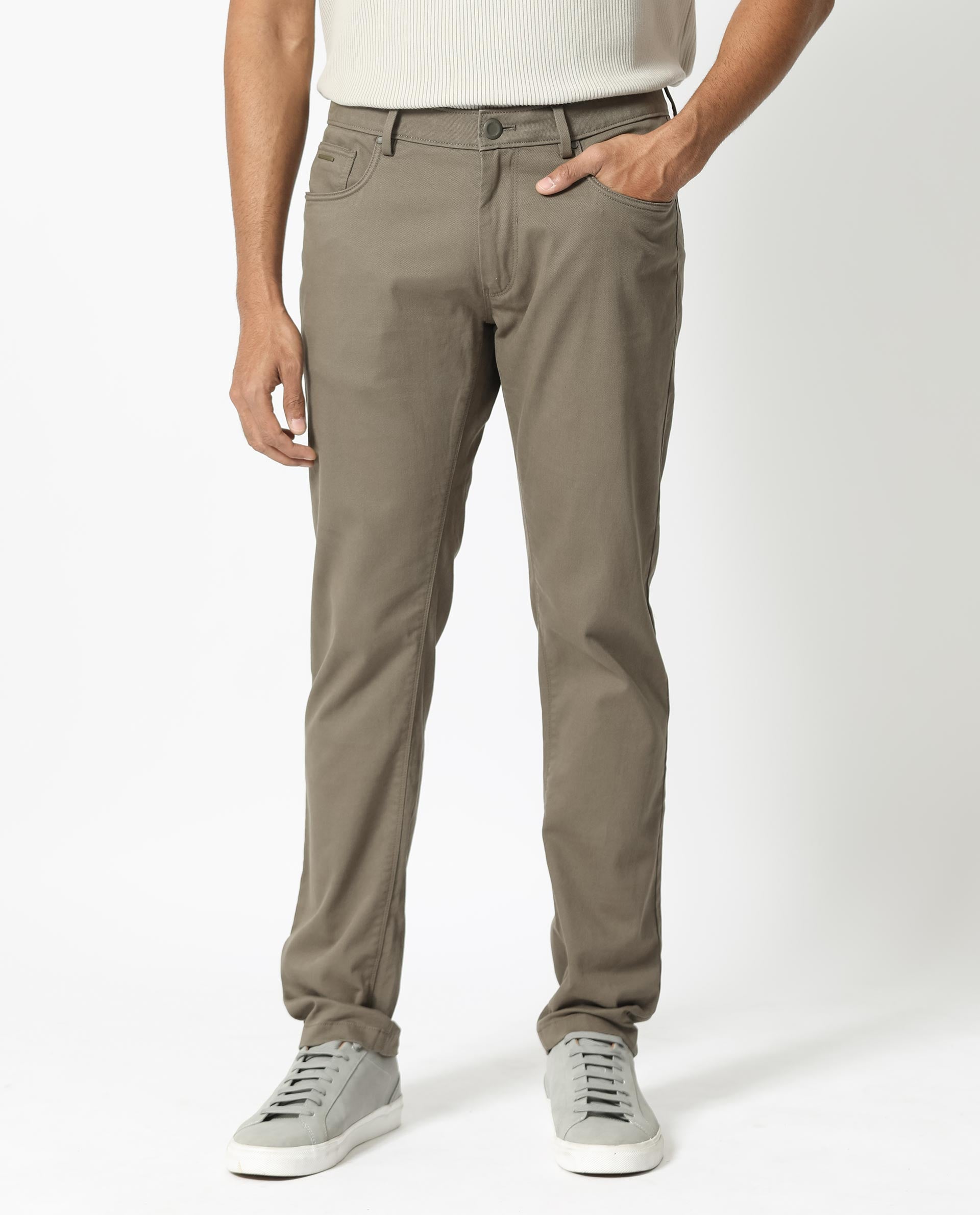 Rare Rabbit Men's Poke-2 Light Olive Solid Mid-Rise Regular Fit Trouser