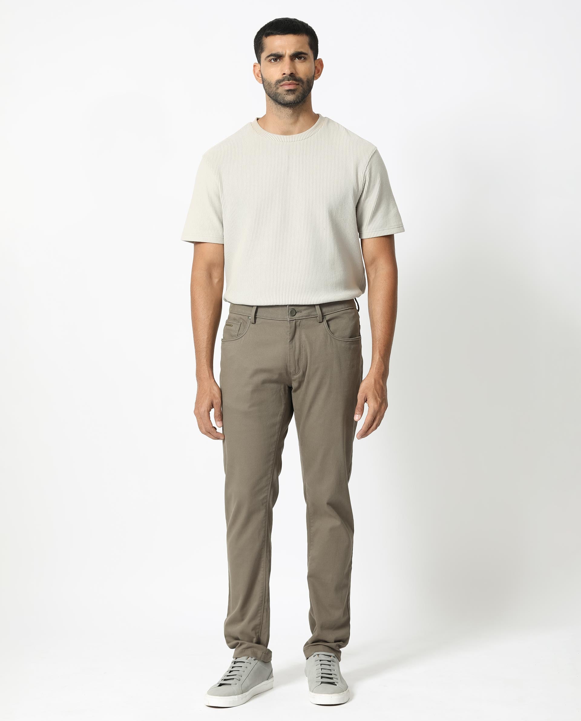 Rare Rabbit Men's Poke-2 Light Olive Solid Mid-Rise Regular Fit Trouser