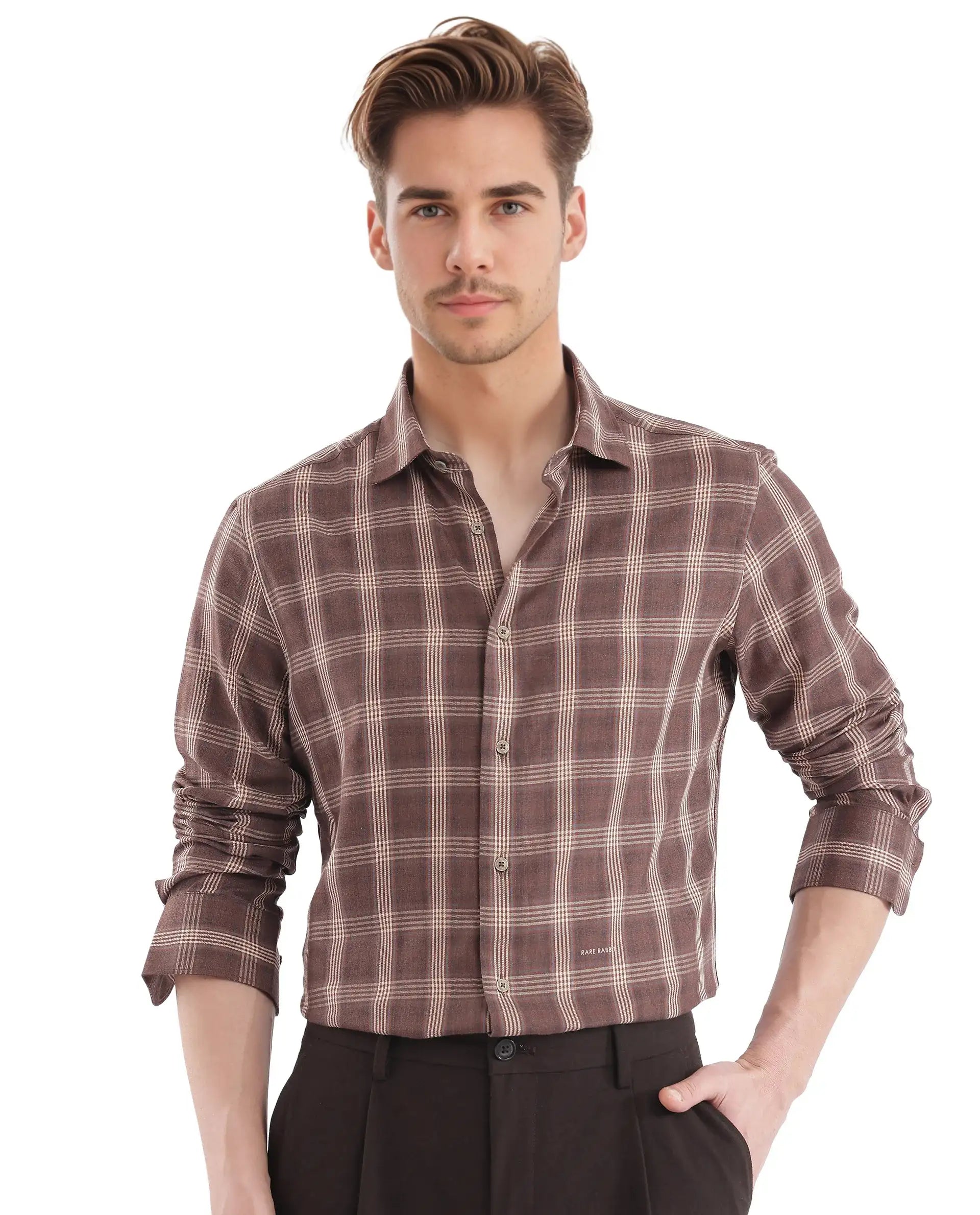 Rare Rabbit Men's Polaz Brown Cotton Checked Print Regular Fit Full Sleeve Collared Shirt