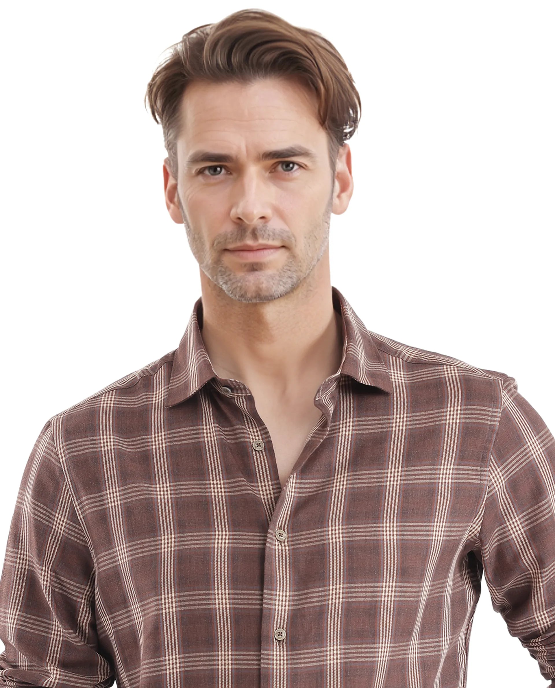 Rare Rabbit Men's Polaz Brown Cotton Fabric Full Sleeve Regular Fit Checks Shirt