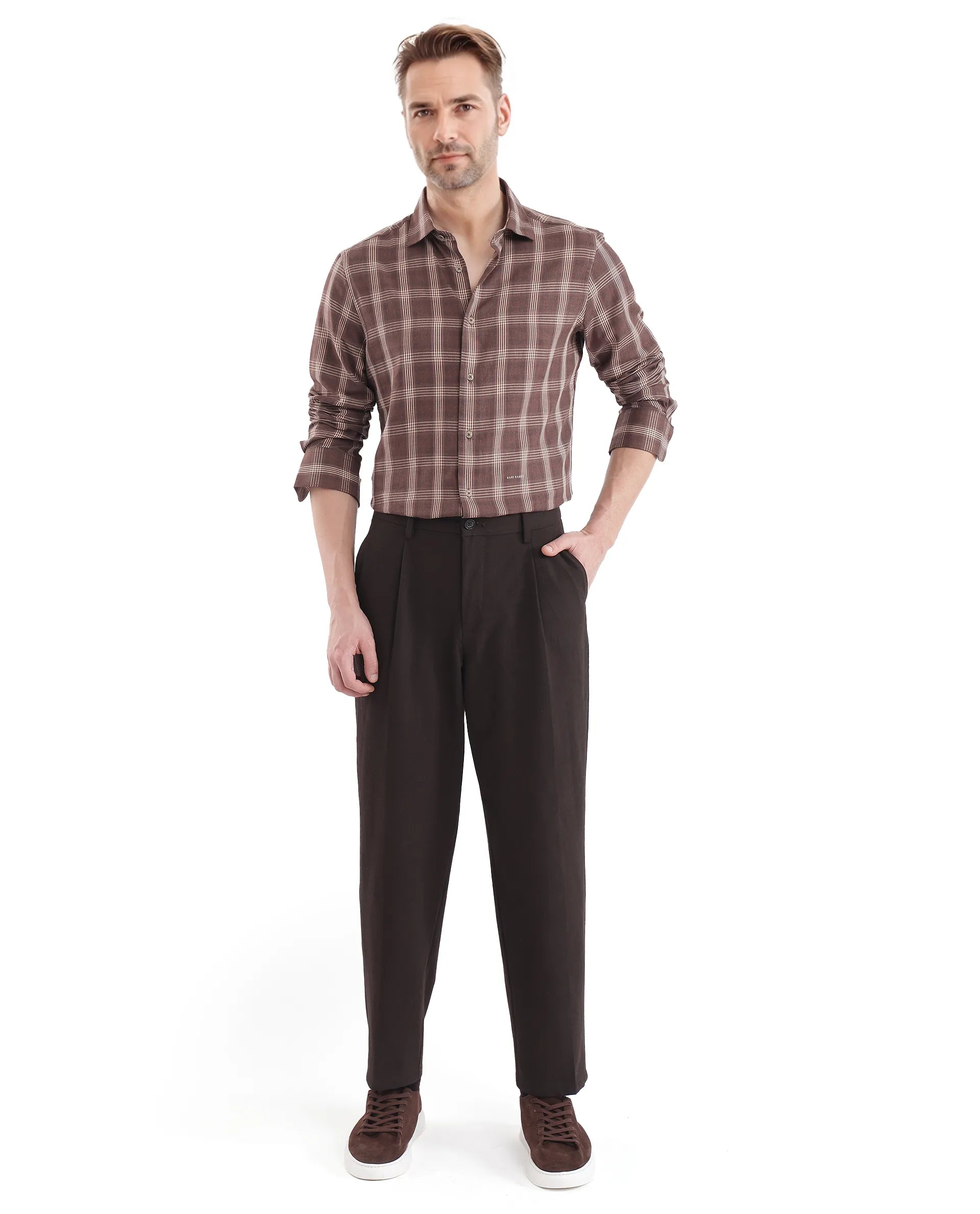 Rare Rabbit Men's Polaz Brown Cotton Fabric Full Sleeve Regular Fit Checks Shirt