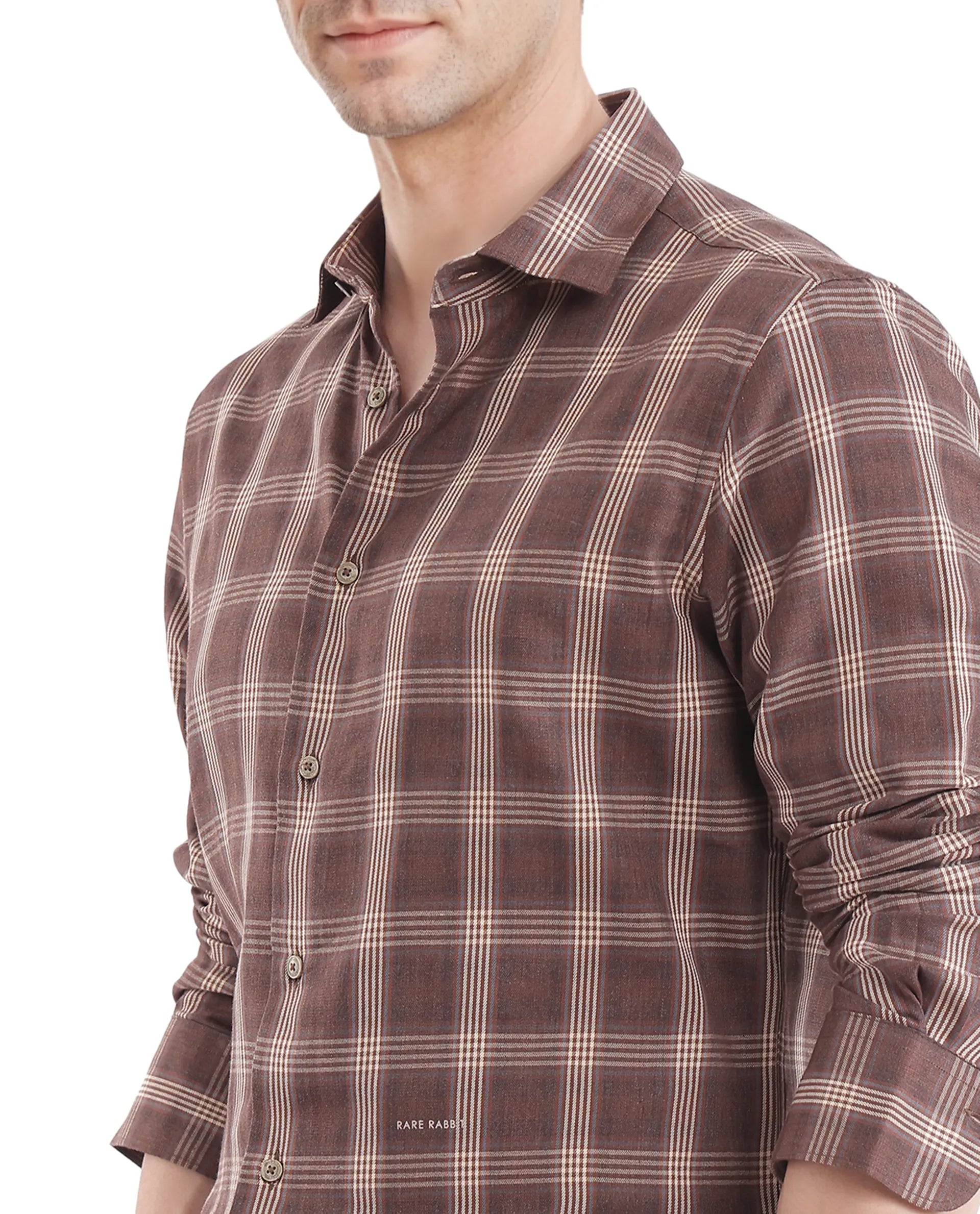 Rare Rabbit Men's Polaz Brown Cotton Fabric Full Sleeve Regular Fit Checks Shirt
