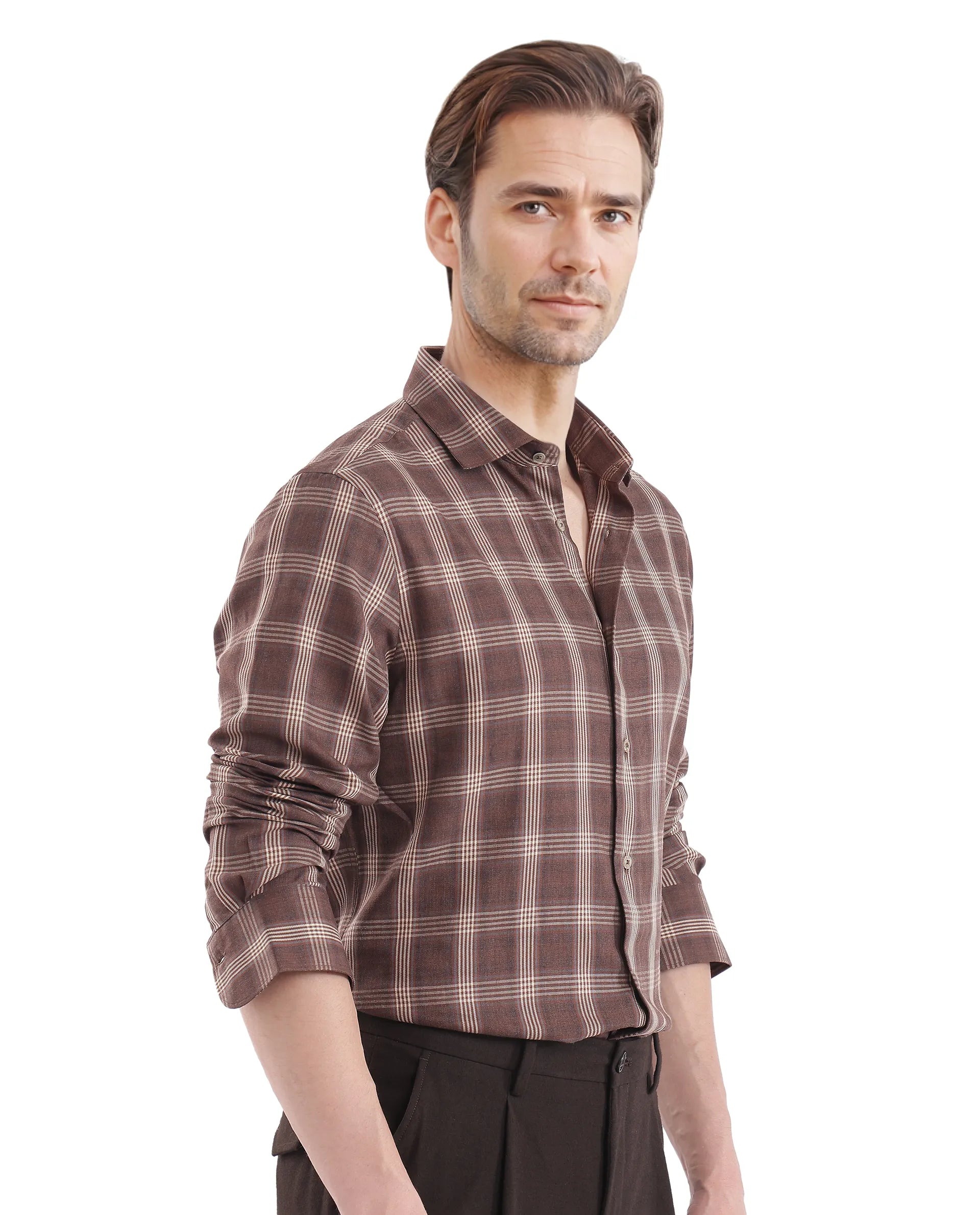 Rare Rabbit Men's Polaz Brown Cotton Fabric Full Sleeve Regular Fit Checks Shirt