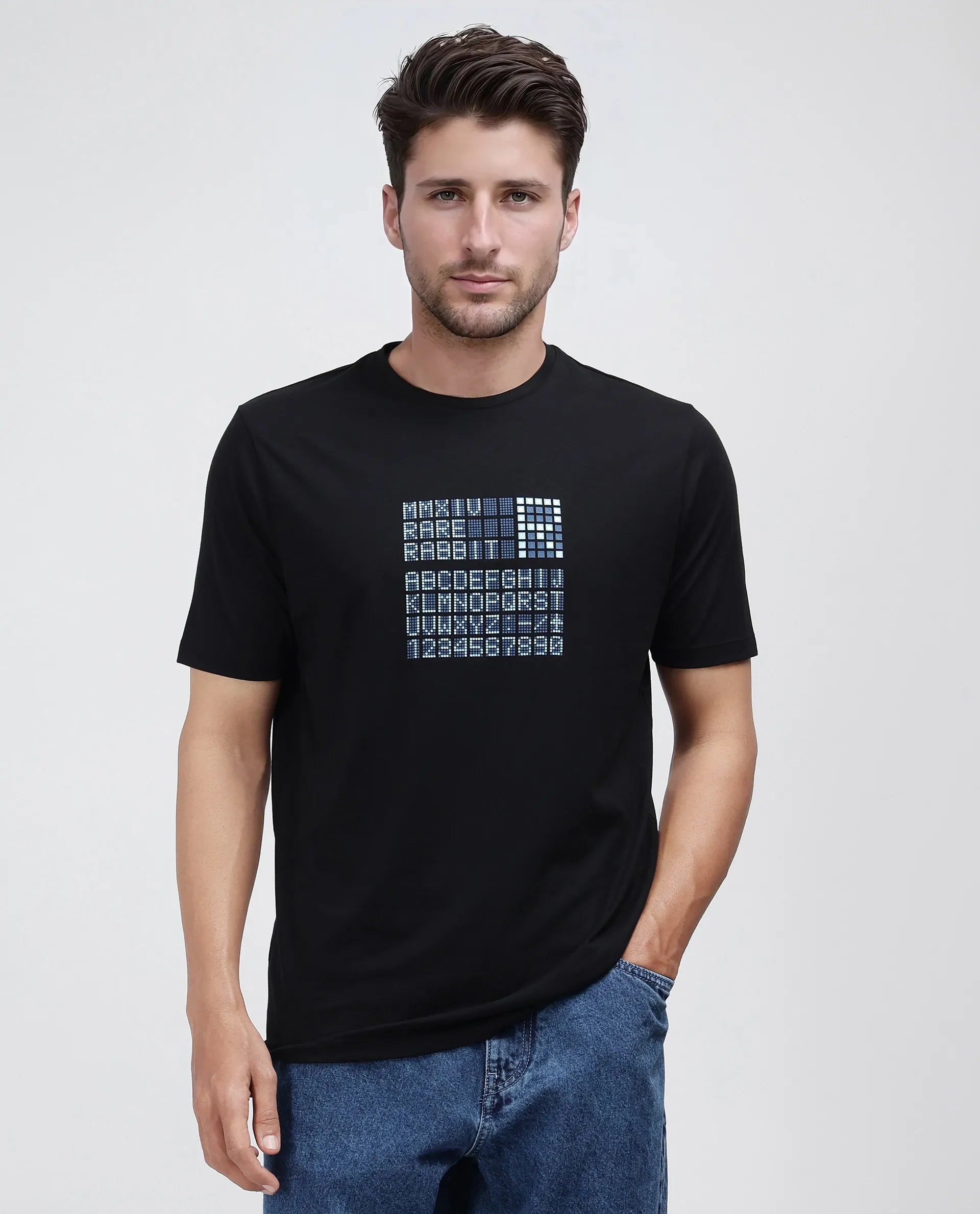 Rare Rabbit Men Pol Black Cotton Fabric Short Sleeve Crew Neck Slip-On Graphic Print T-Shirt