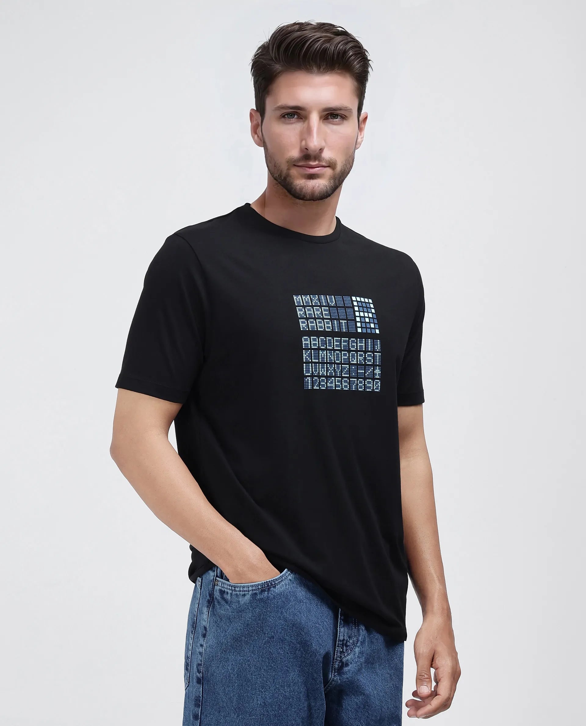 Rare Rabbit Men Pol Black Cotton Fabric Short Sleeve Crew Neck Slip-On Graphic Print T-Shirt