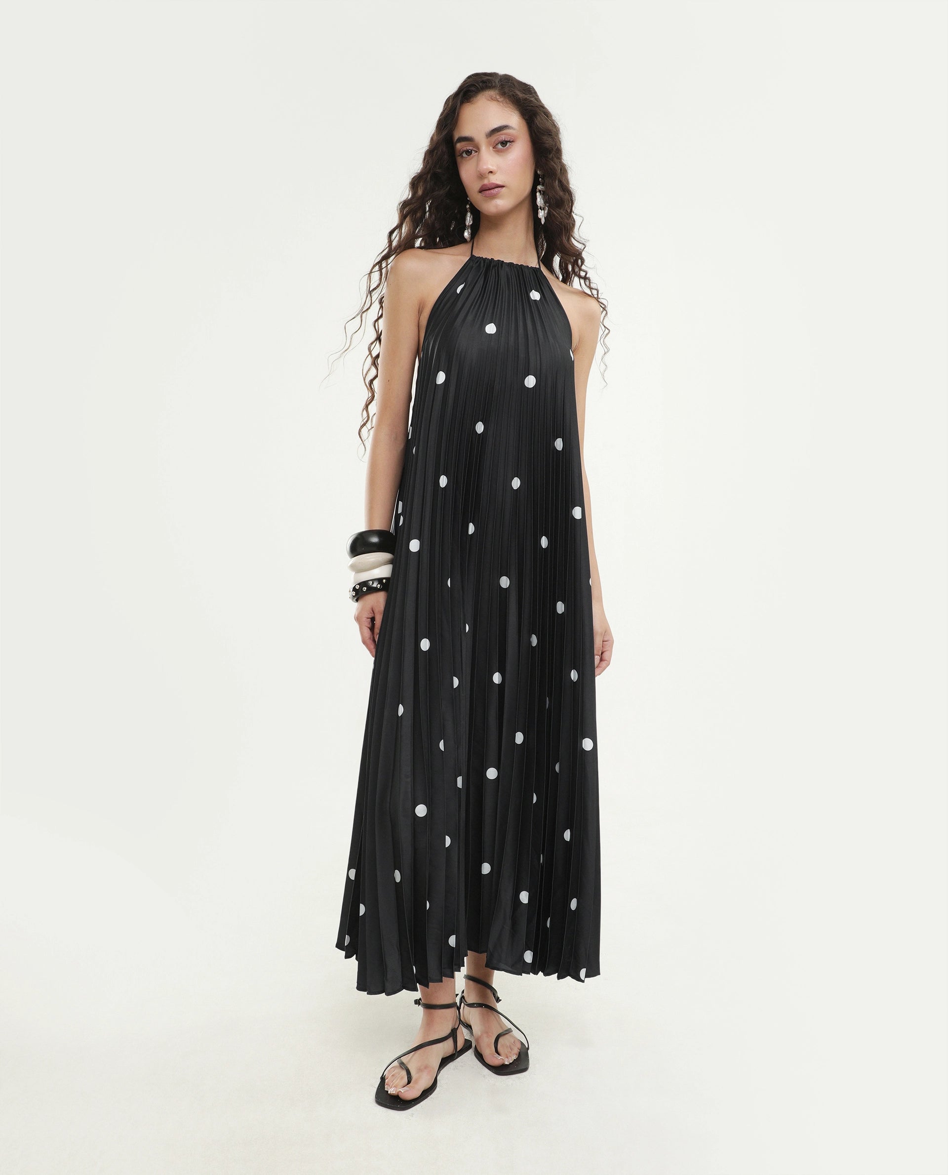 Rareism Women's Poli Black Polyester Halter Neck Button And Zip A-Line Polka Print Dress