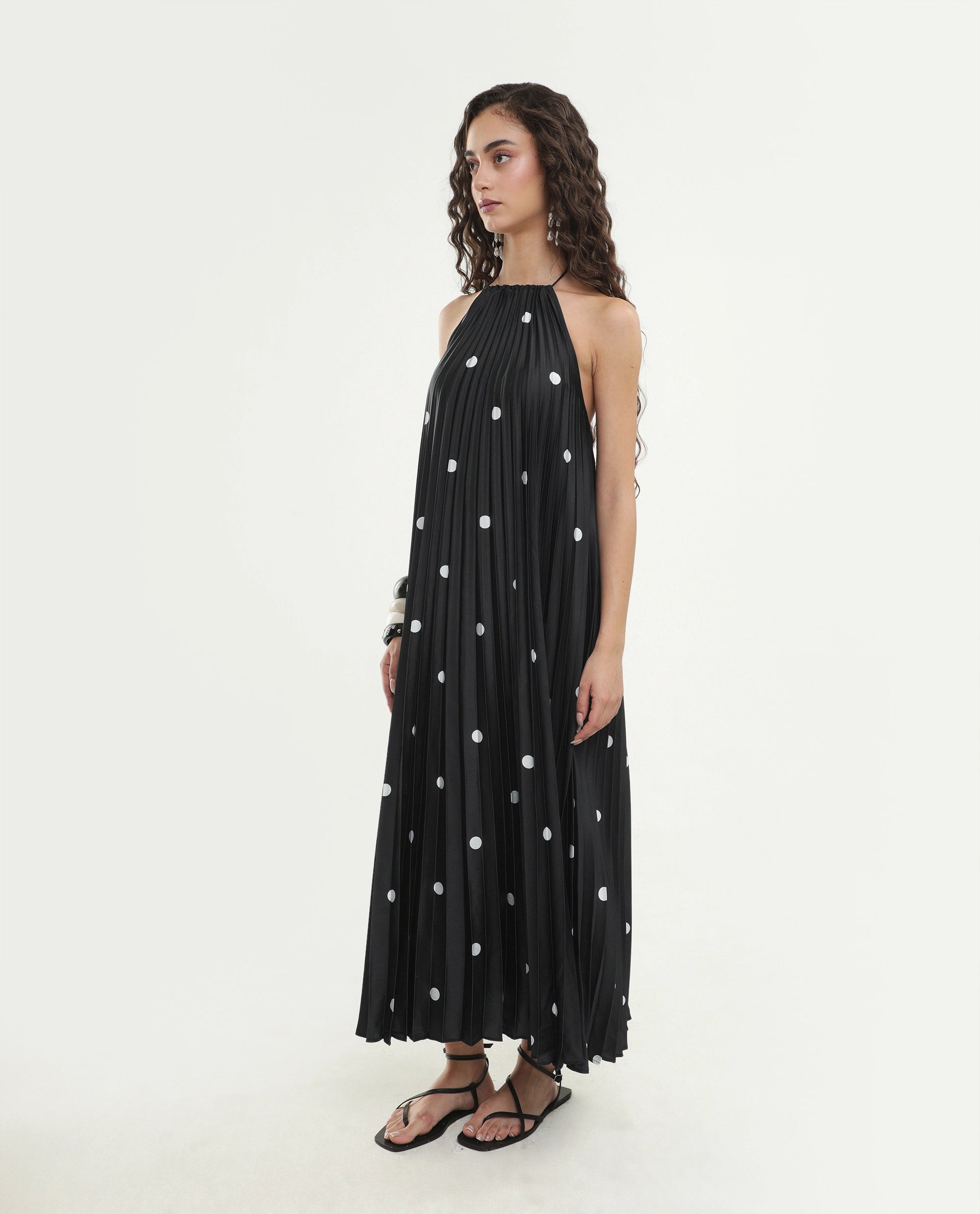 Rareism Women's Poli Black Polyester Halter Neck Button And Zip A-Line Polka Print Dress