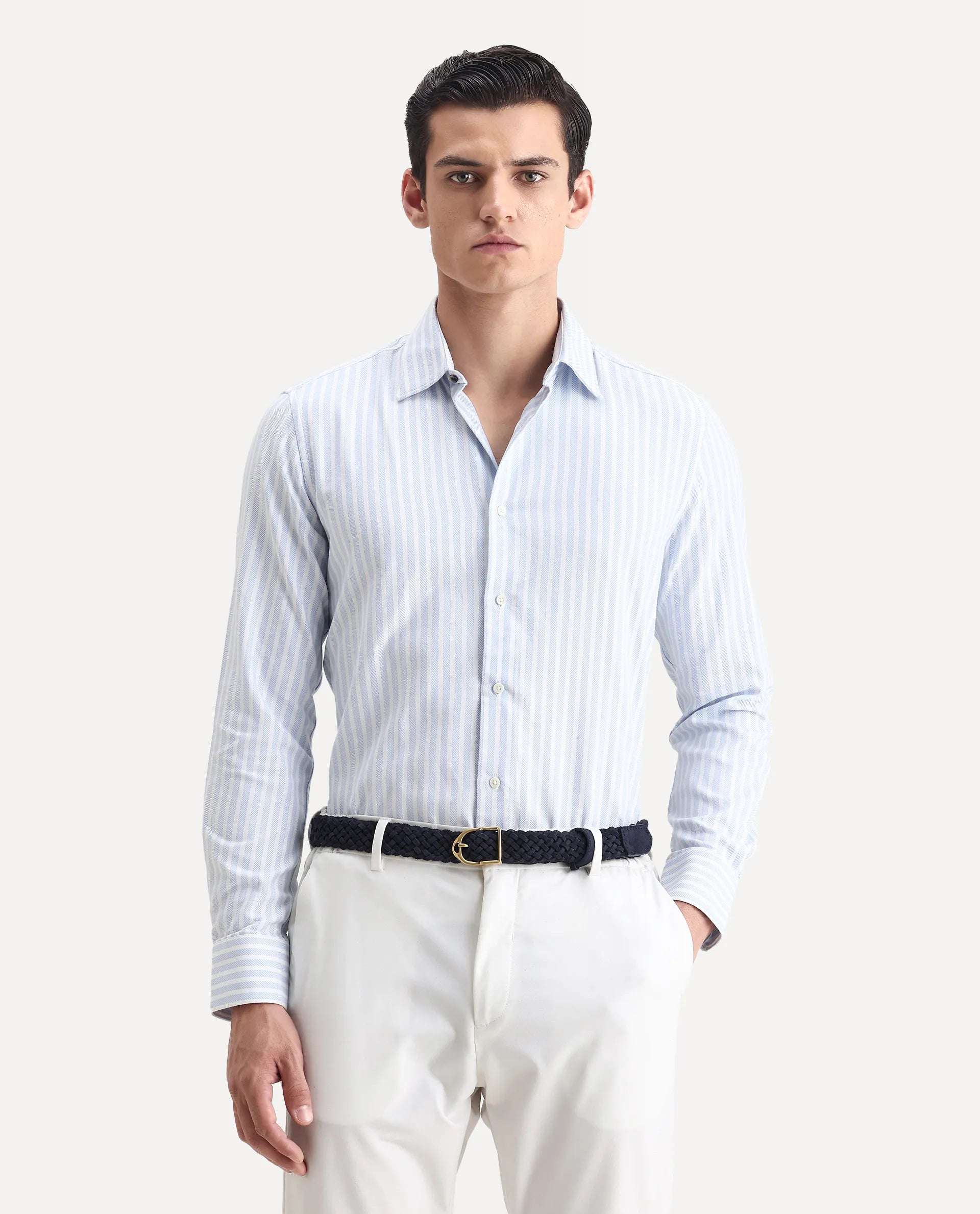 Rare Rabbit Men's Polic Blue Cotton Striped Print Regular Fit Full Sleeve Collared Shirt