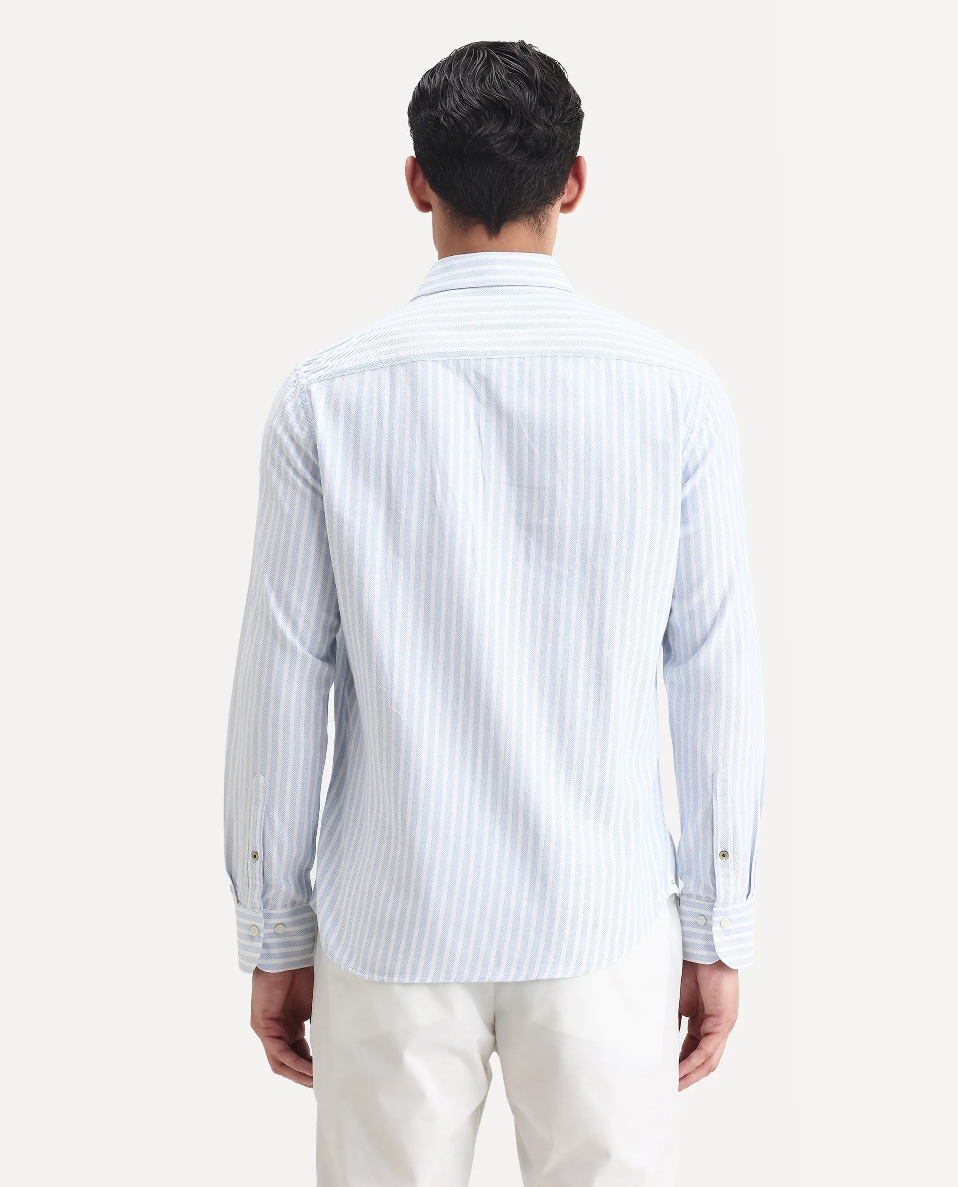 Rare Rabbit Men's Polic Blue Cotton Striped Print Regular Fit Full Sleeve Collared Shirt