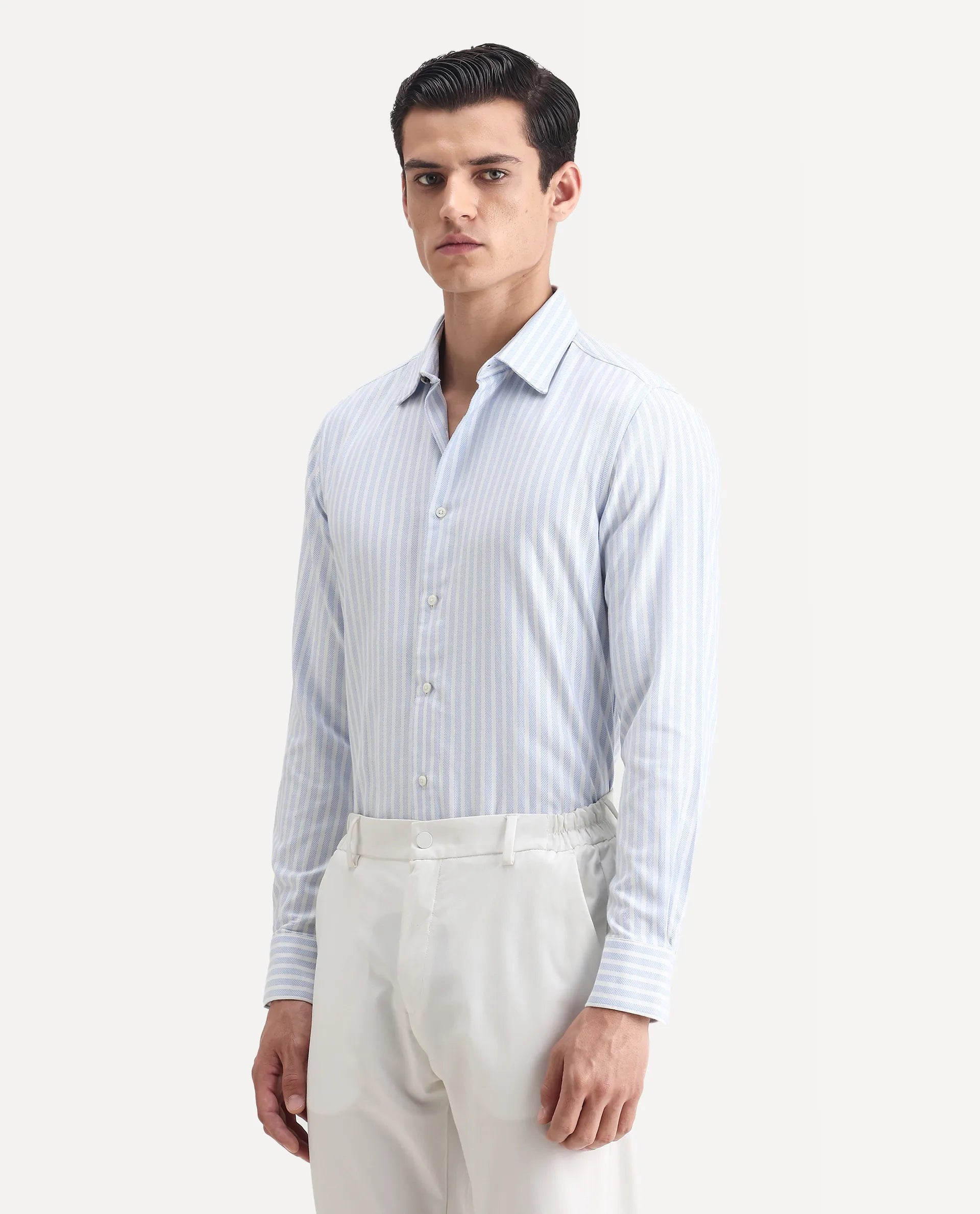 Rare Rabbit Men's Polic Blue Cotton Striped Print Regular Fit Full Sleeve Collared Shirt