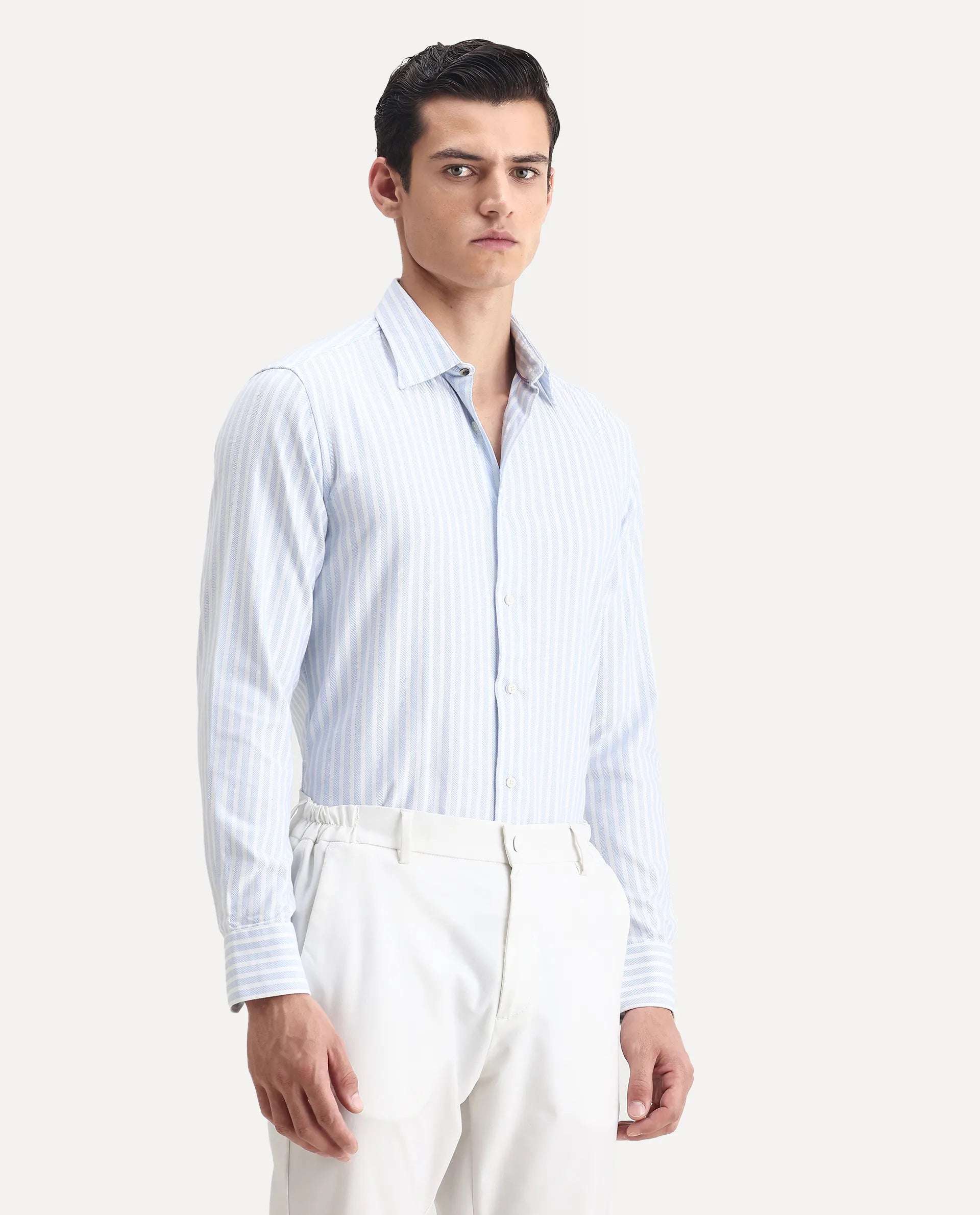 Rare Rabbit Men's Polic Blue Cotton Striped Print Regular Fit Full Sleeve Collared Shirt