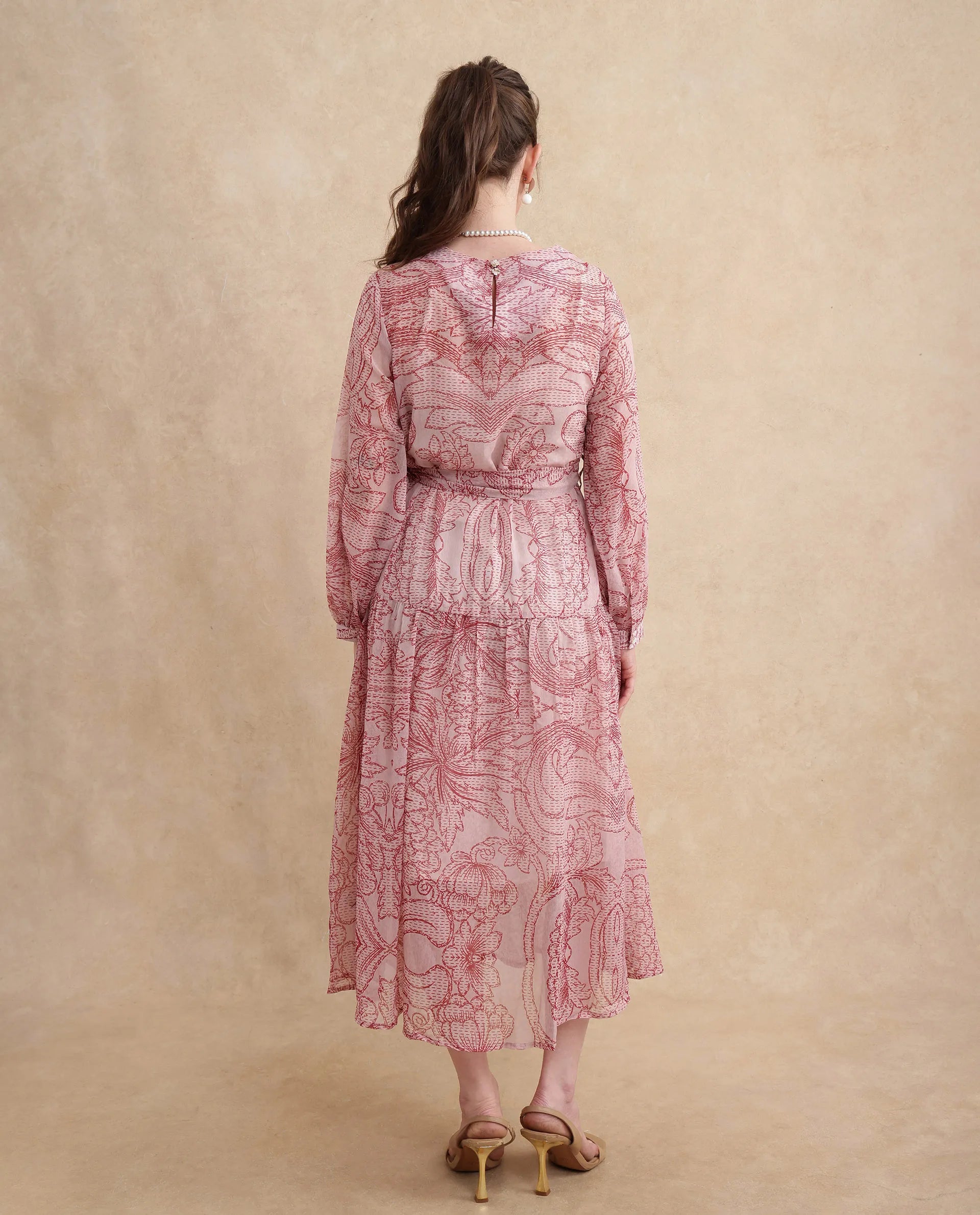 Rareism Women's Polima Multi Cotton Fabric Round Neck Tie-Up Closure Bishop Sleeve Abstract Flared Midi Dress