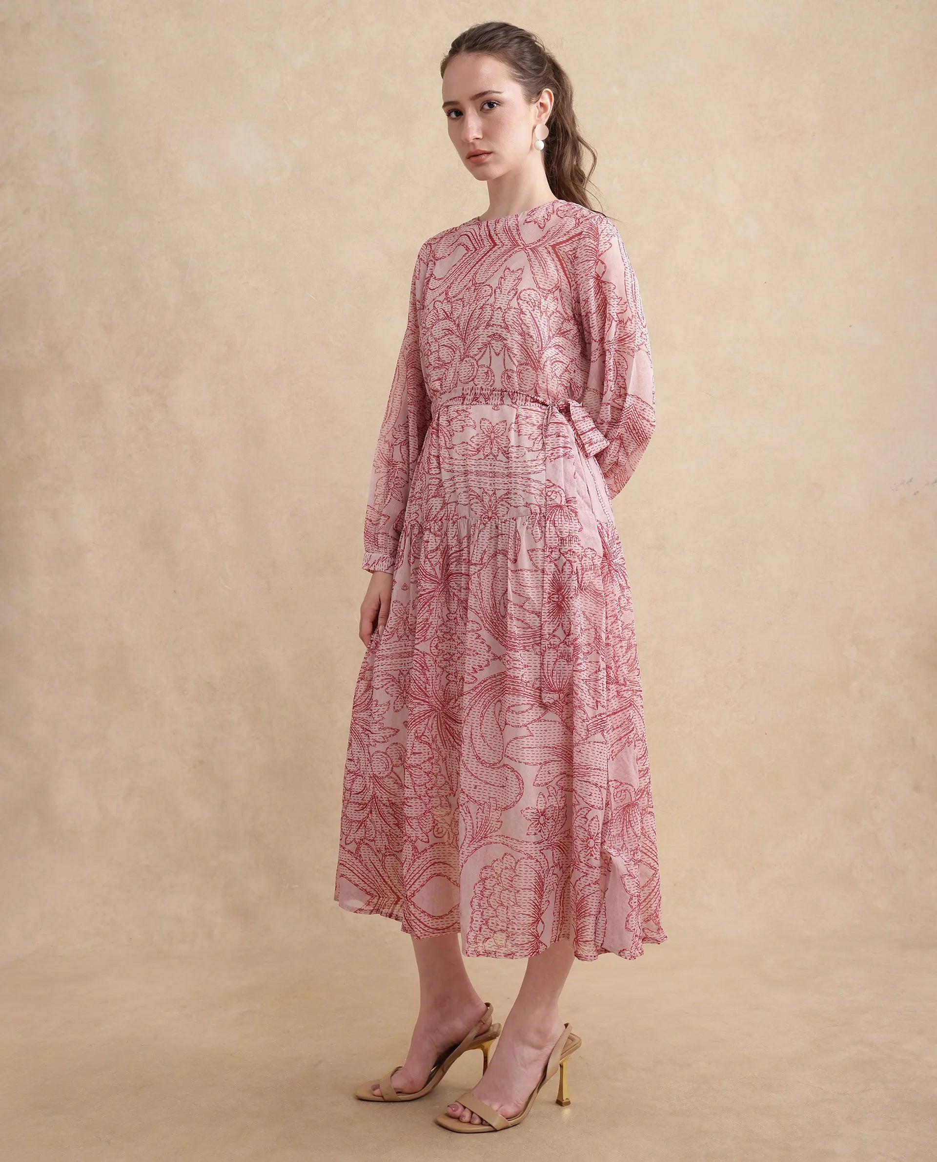 Rareism Women's Polima Multi Cotton Fabric Round Neck Tie-Up Closure Bishop Sleeve Abstract Flared Midi Dress