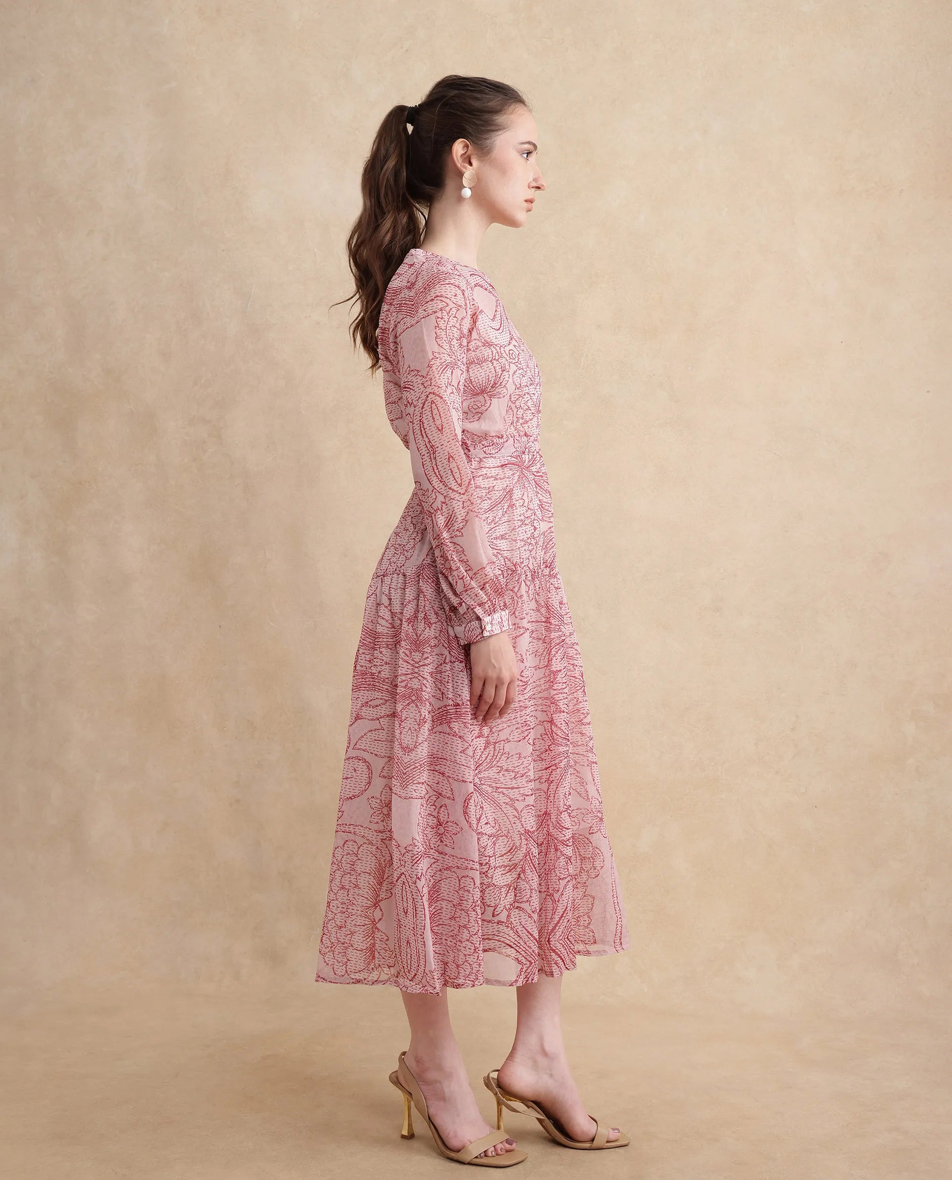 Rareism Women's Polima Multi Cotton Fabric Round Neck Tie-Up Closure Bishop Sleeve Abstract Flared Midi Dress