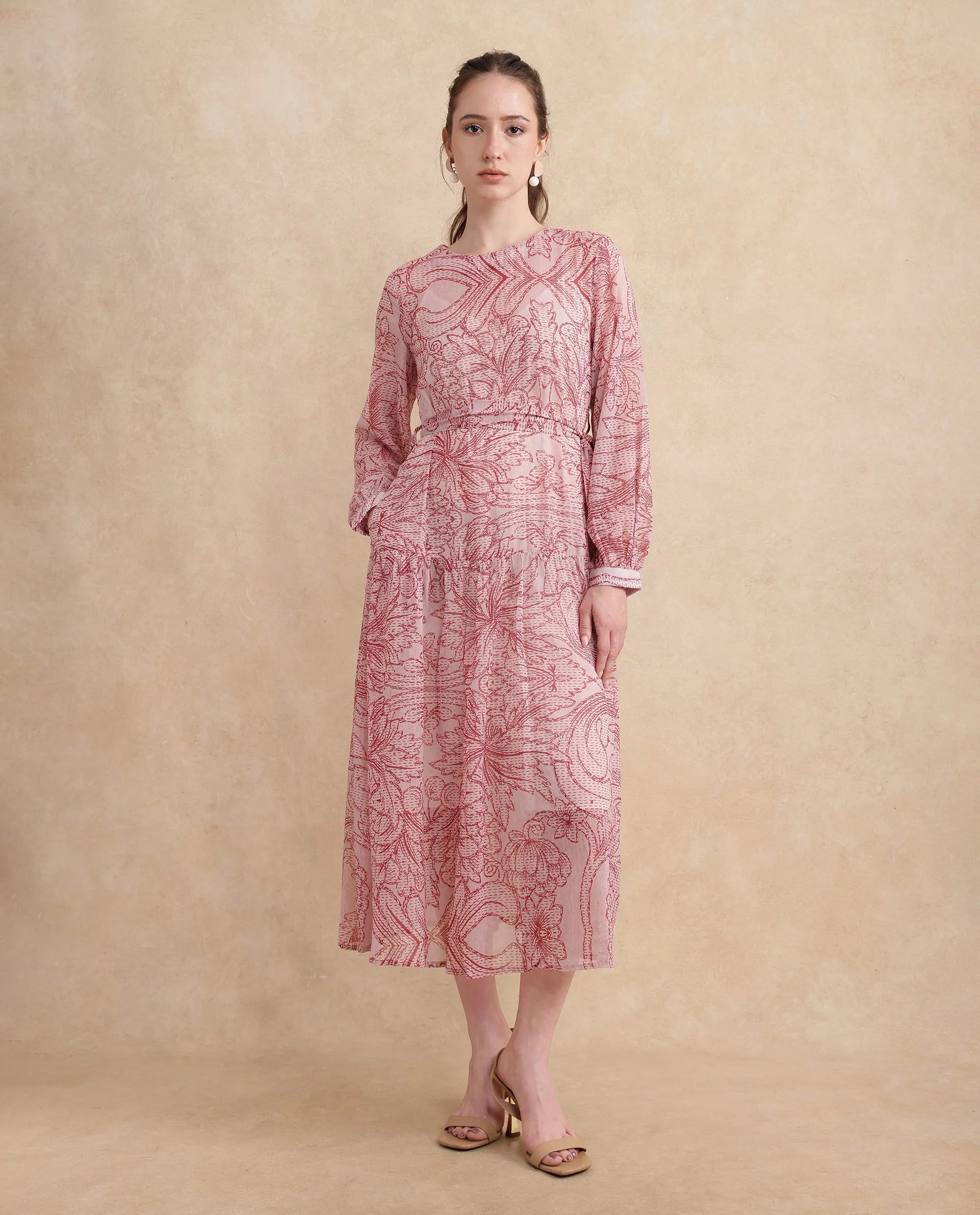 Rareism Women's Polima Multi Cotton Fabric Round Neck Tie-Up Closure Bishop Sleeve Abstract Flared Midi Dress