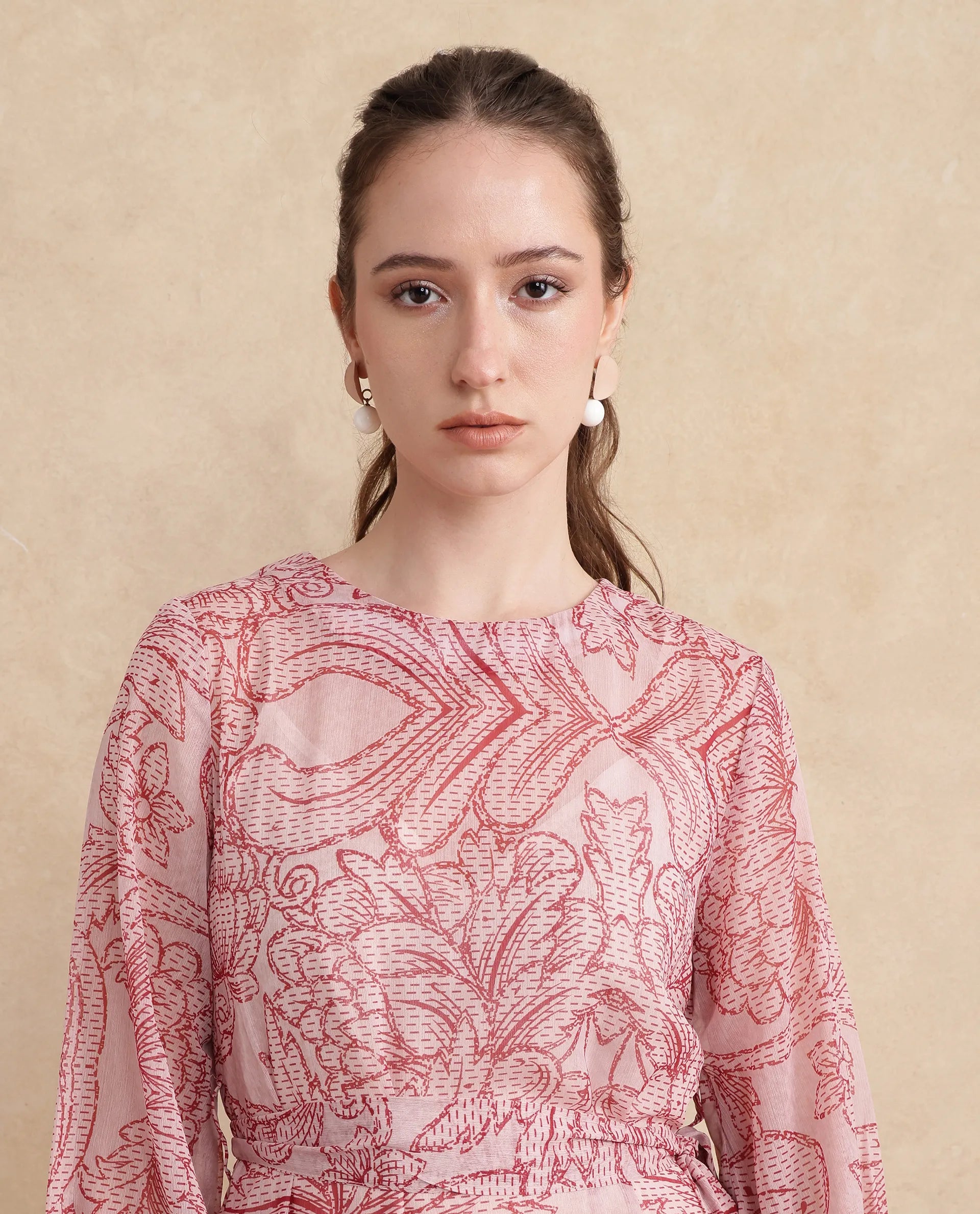 Rareism Women's Polima Multi Cotton Fabric Round Neck Tie-Up Closure Bishop Sleeve Abstract Flared Midi Dress