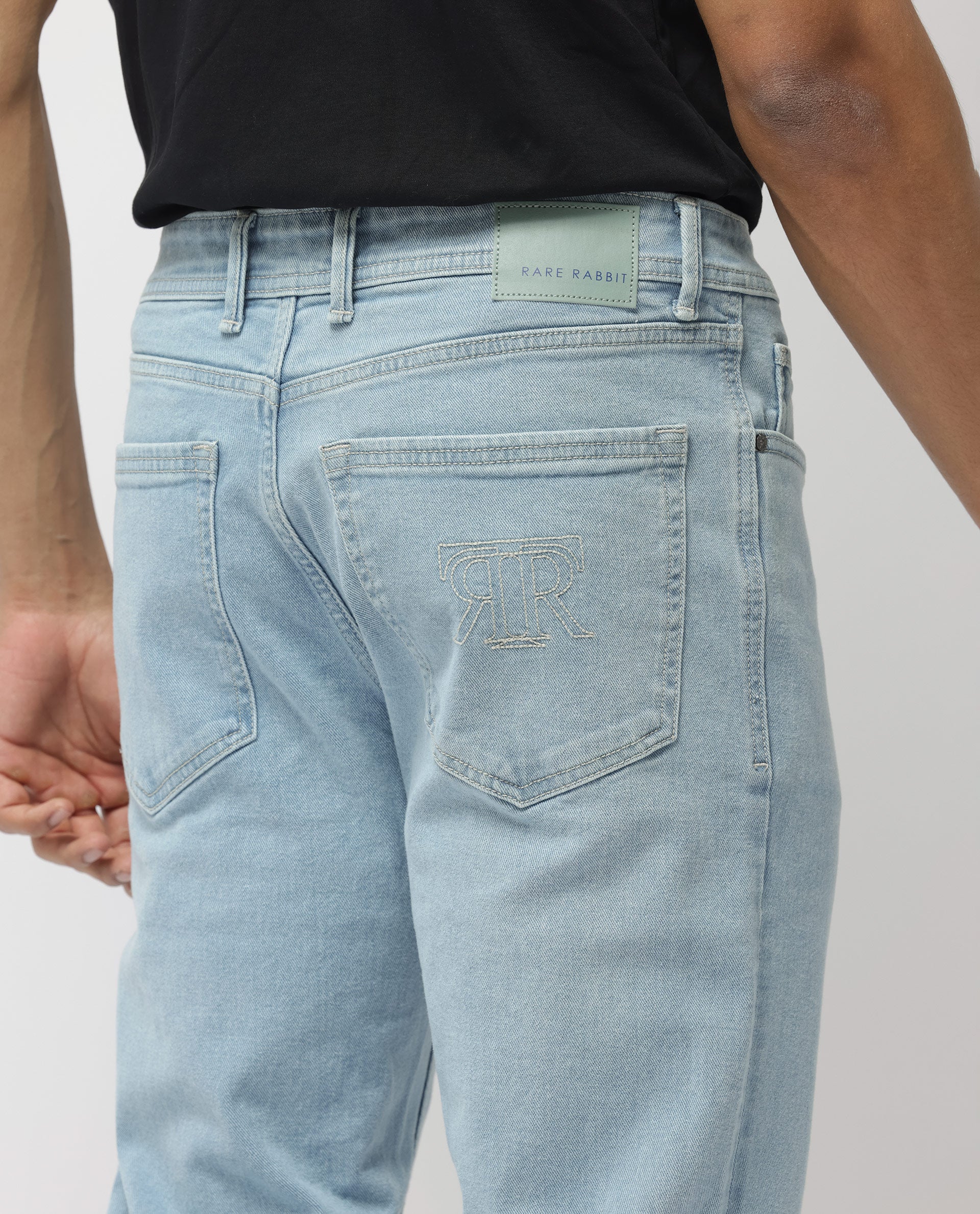 Rare Rabbit Men's Polin Pastel Blue Ice Wash Mid-Rise Regular Fit Jeans