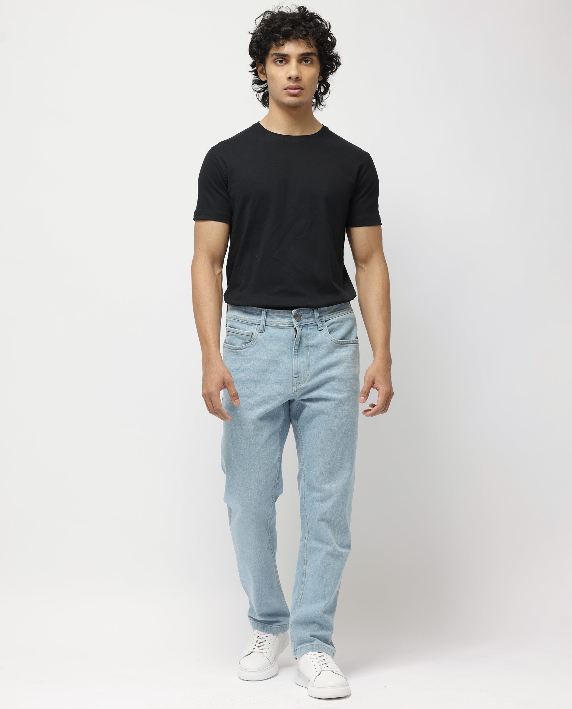 Rare Rabbit Men's Polin Pastel Blue Ice Wash Mid-Rise Regular Fit Jeans