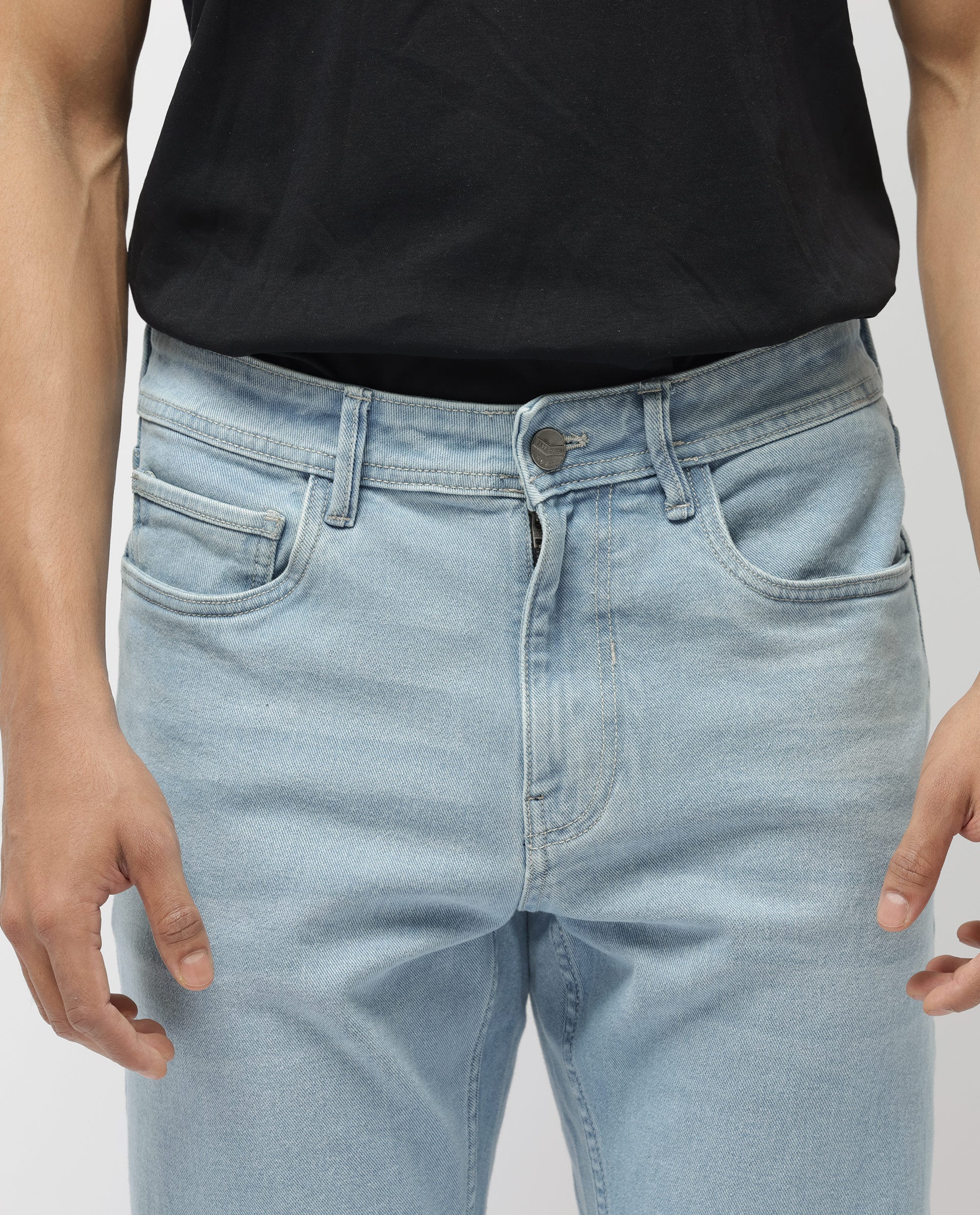 Rare Rabbit Men's Polin Pastel Blue Ice Wash Mid-Rise Regular Fit Jeans