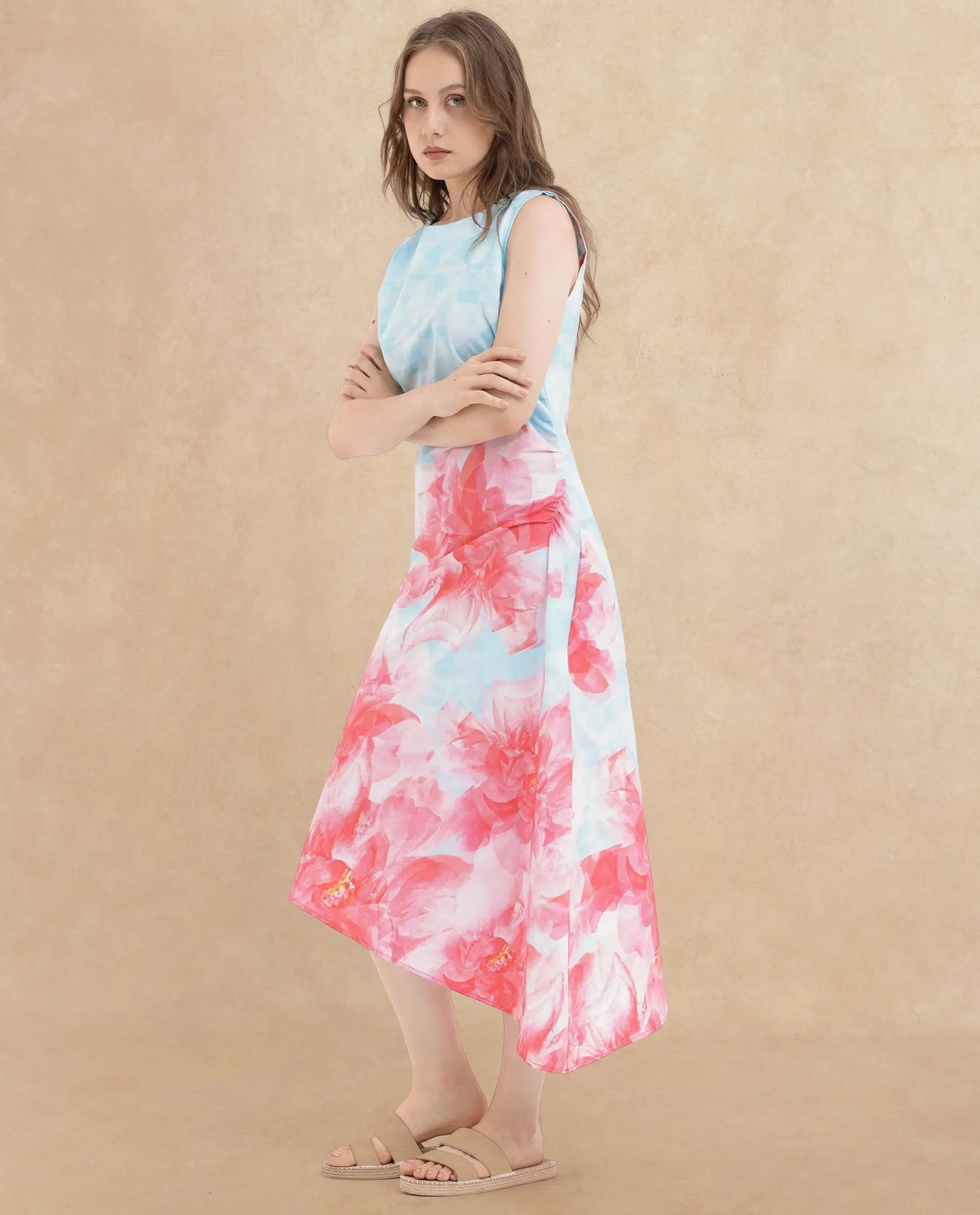 Rareism Women's Polina Blue Cotton Blend Boat Neck Floral Print Sleeveless Midi A-Line Dress