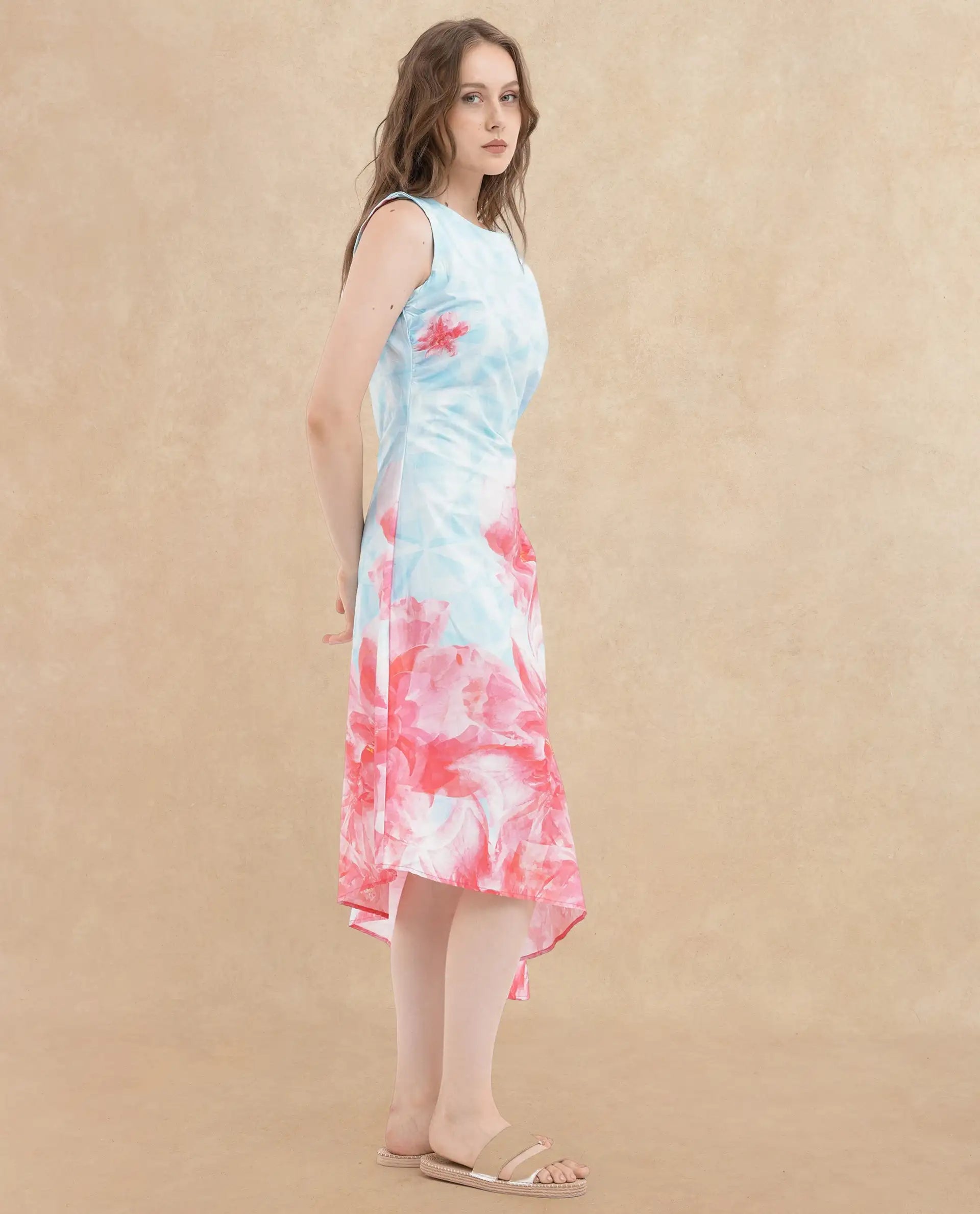 Rareism Women's Polina Blue Cotton Blend Boat Neck Floral Print Sleeveless Midi A-Line Dress