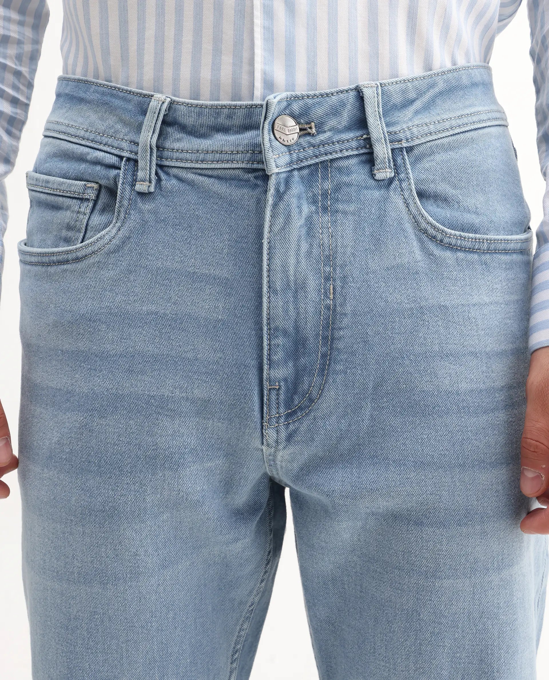 Rare Rabbit Men's Polin Light Blue Cotton Plain Morris Regular Fit Jeans