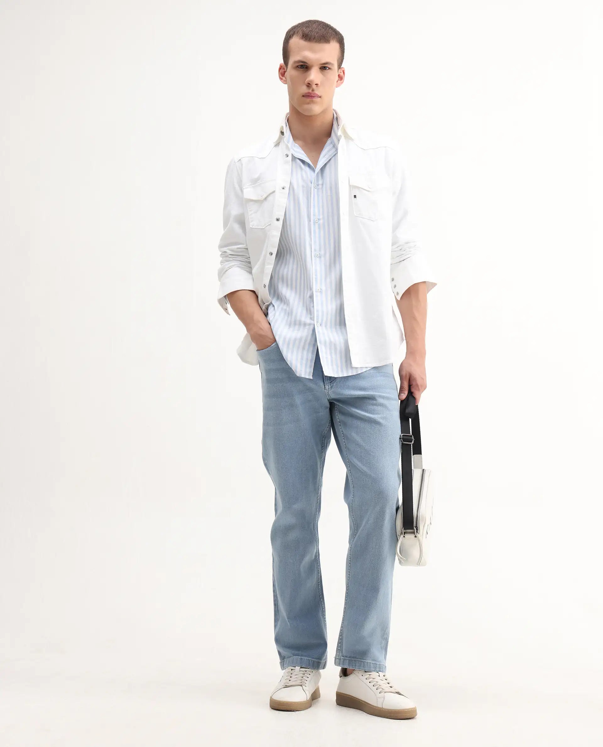 Rare Rabbit Men's Polin Light Blue Cotton Plain Morris Regular Fit Jeans