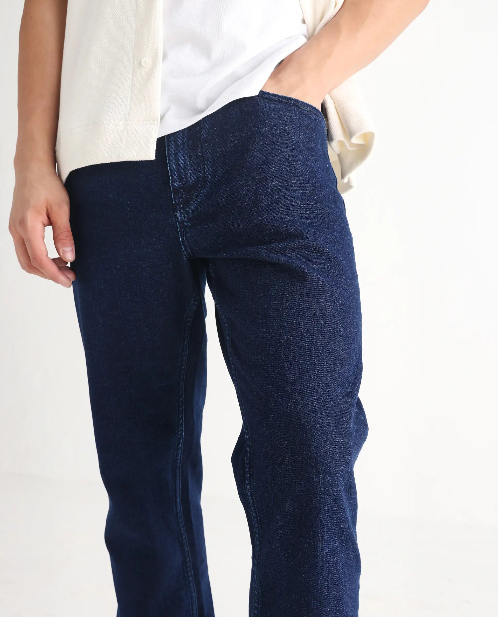 Rare Rabbit Men's Polin Navy Cotton Plain Morris Regular Fit Jeans