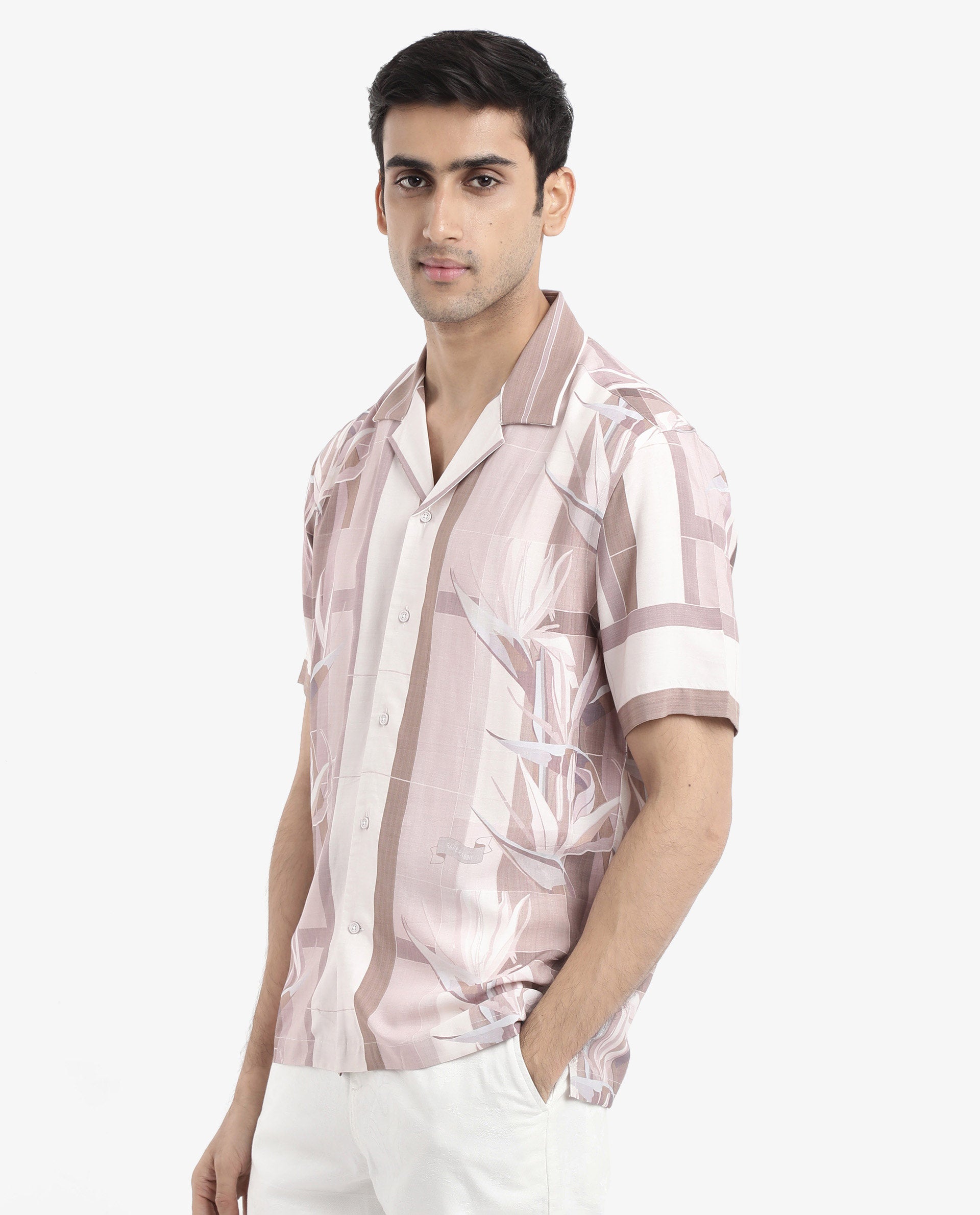 Rare Rabbit Men's Polis Beige Short Sleeve Cuban Collared Abstract Print Shirt