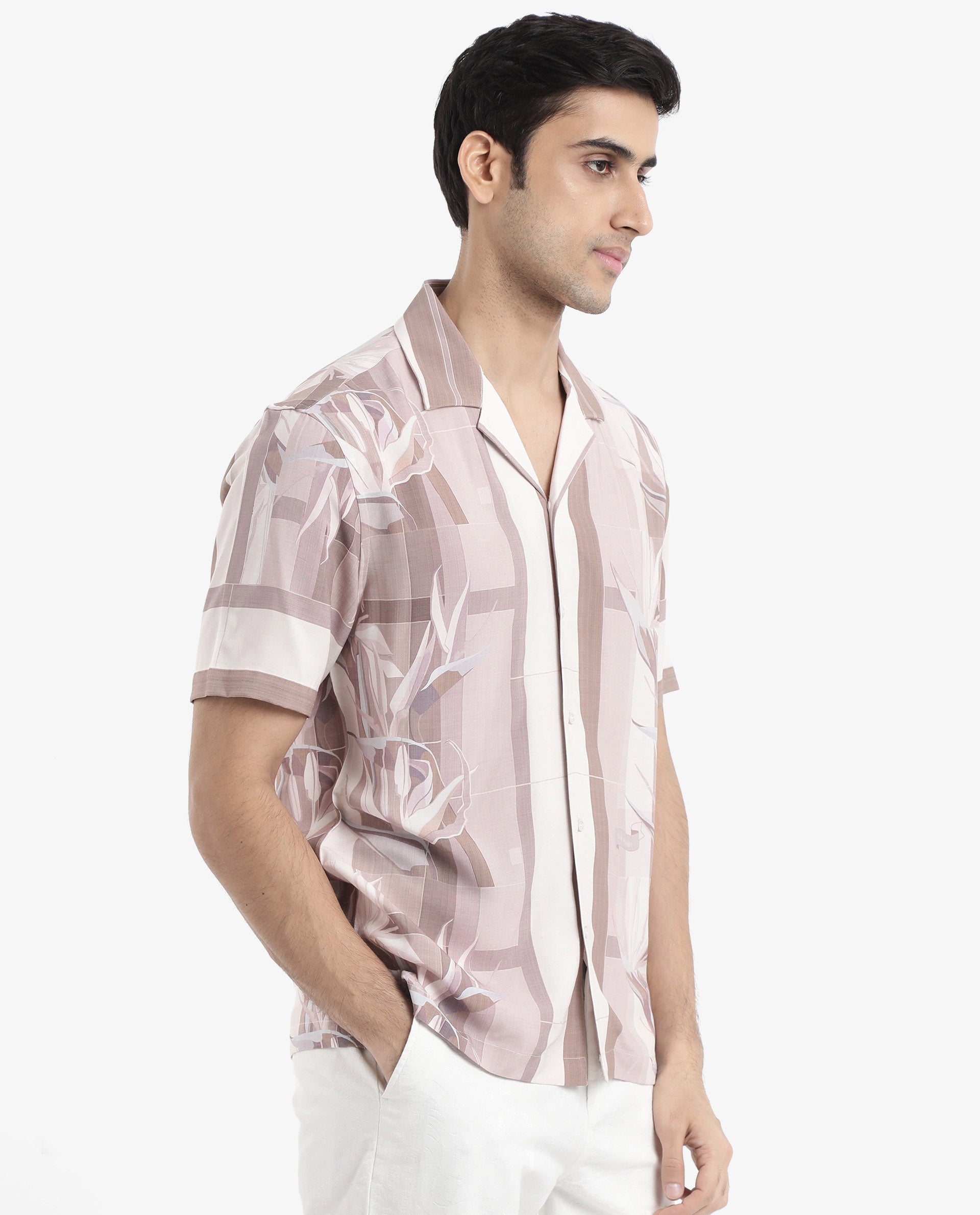 Rare Rabbit Men's Polis Beige Short Sleeve Cuban Collared Abstract Print Shirt